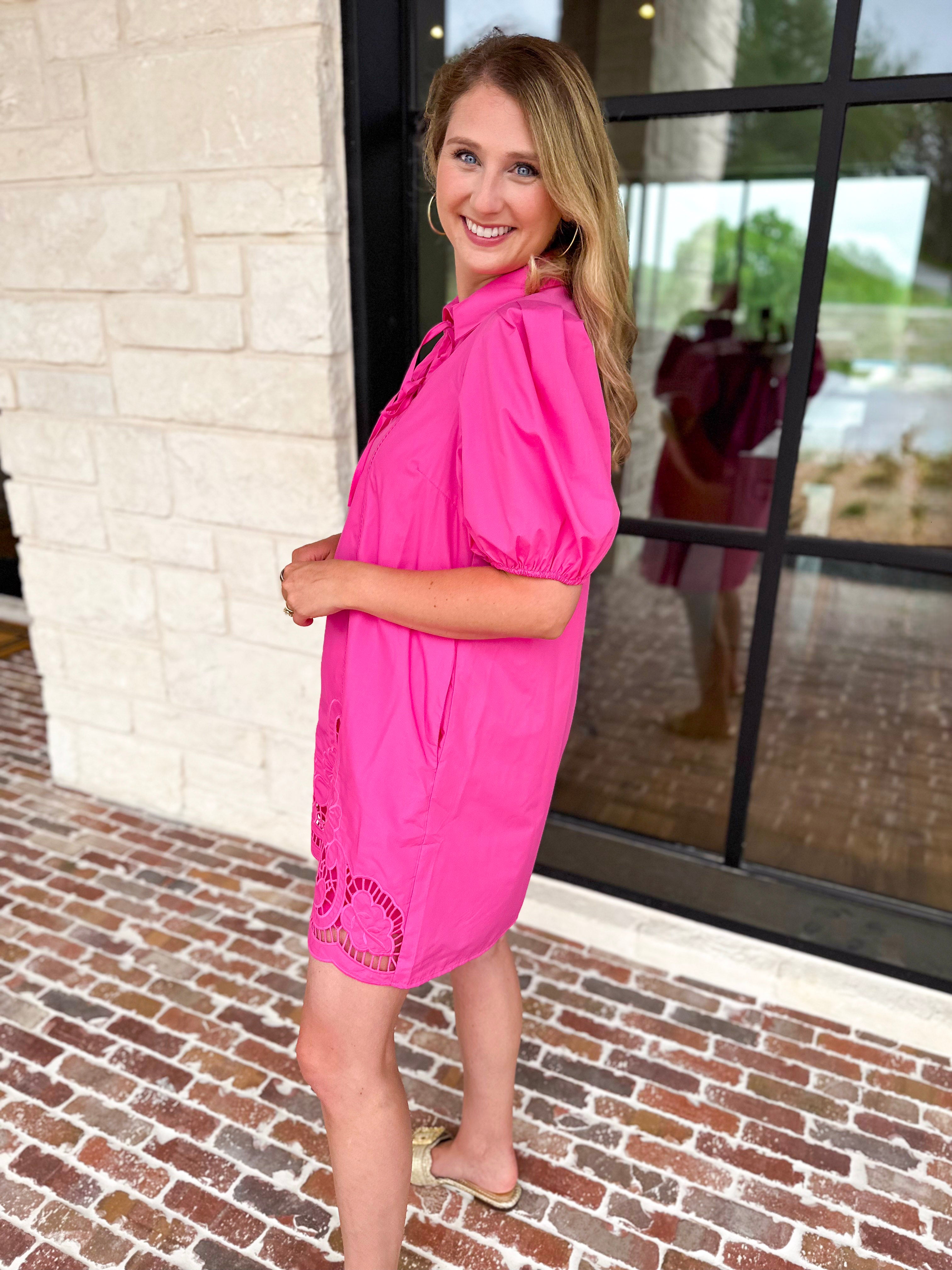 Flirty Embroidered Mini Dress - Hot Pink-510 Mini-ENTRO-July & June Women's Fashion Boutique Located in San Antonio, Texas