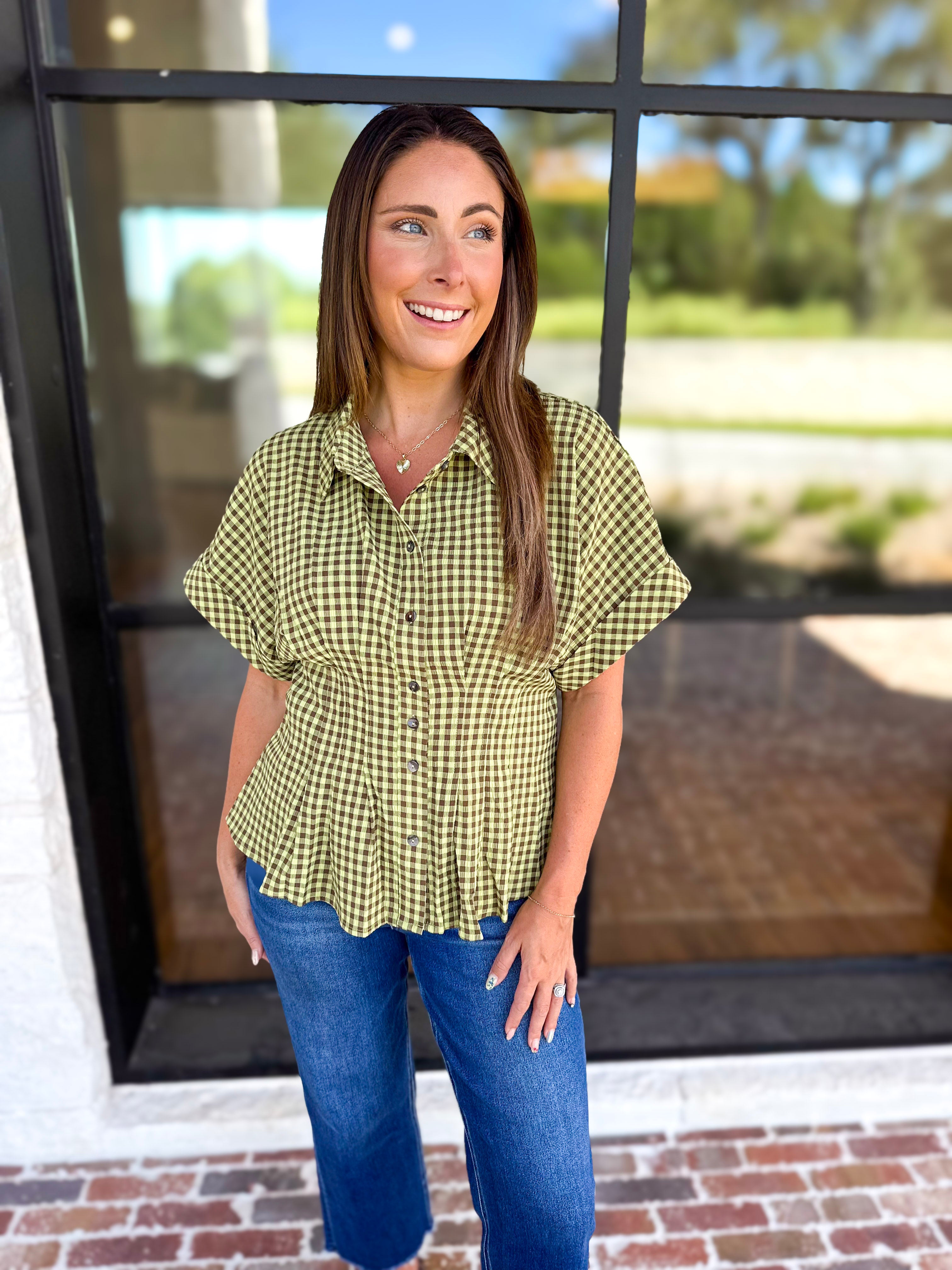 Living Life Gingham Top - Matcha-200 Fashion Blouses-ENTRO-July & June Women's Fashion Boutique Located in San Antonio, Texas
