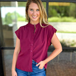 Ric Rac Button Down Top - Wine-200 Fashion Blouses-ENTRO-July & June Women's Fashion Boutique Located in San Antonio, Texas