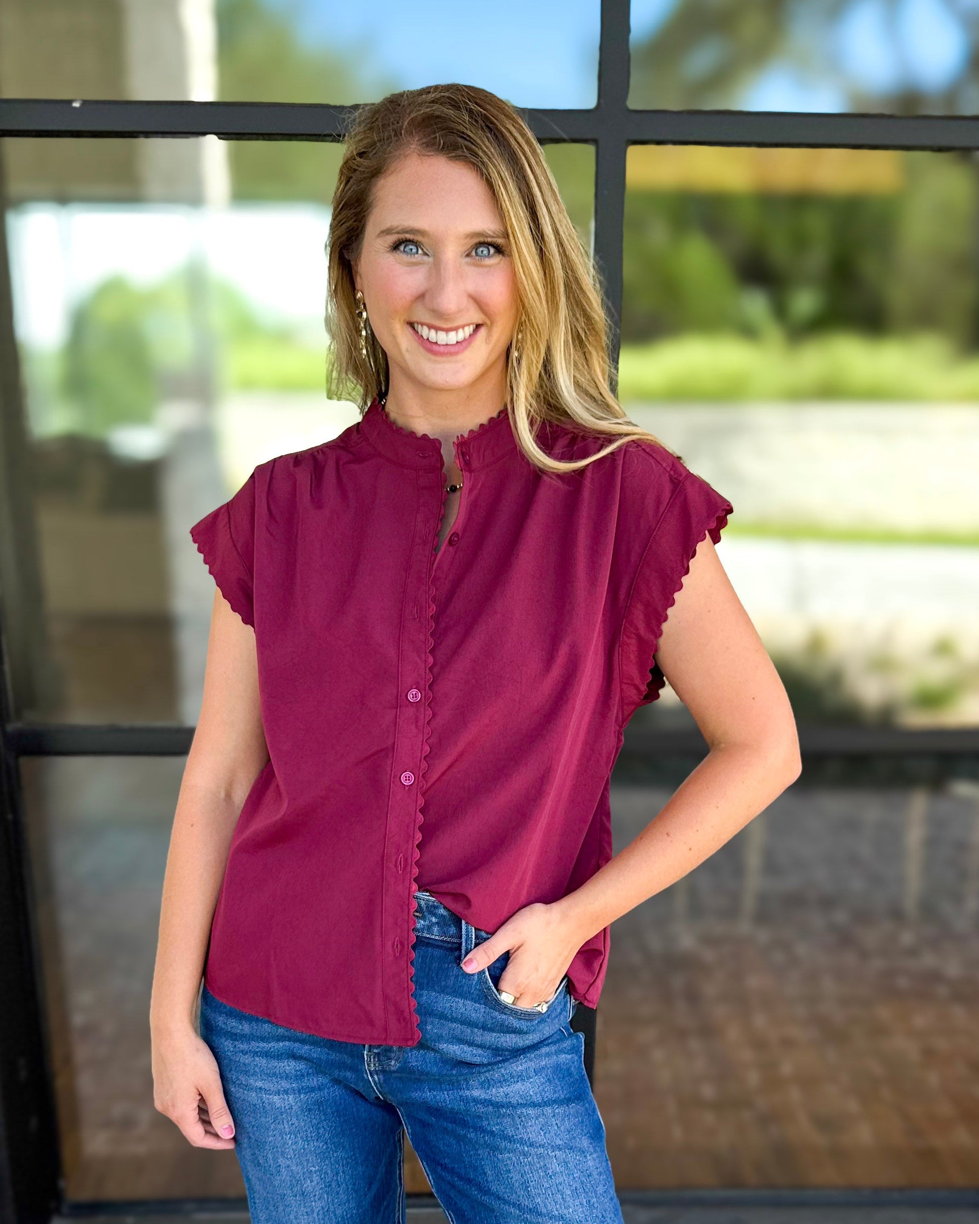 Ric Rac Button Down Top - Wine-200 Fashion Blouses-ENTRO-July & June Women's Fashion Boutique Located in San Antonio, Texas