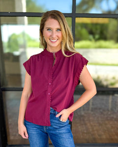 Ric Rac Button Down Top - Wine-200 Fashion Blouses-ENTRO-July & June Women's Fashion Boutique Located in San Antonio, Texas