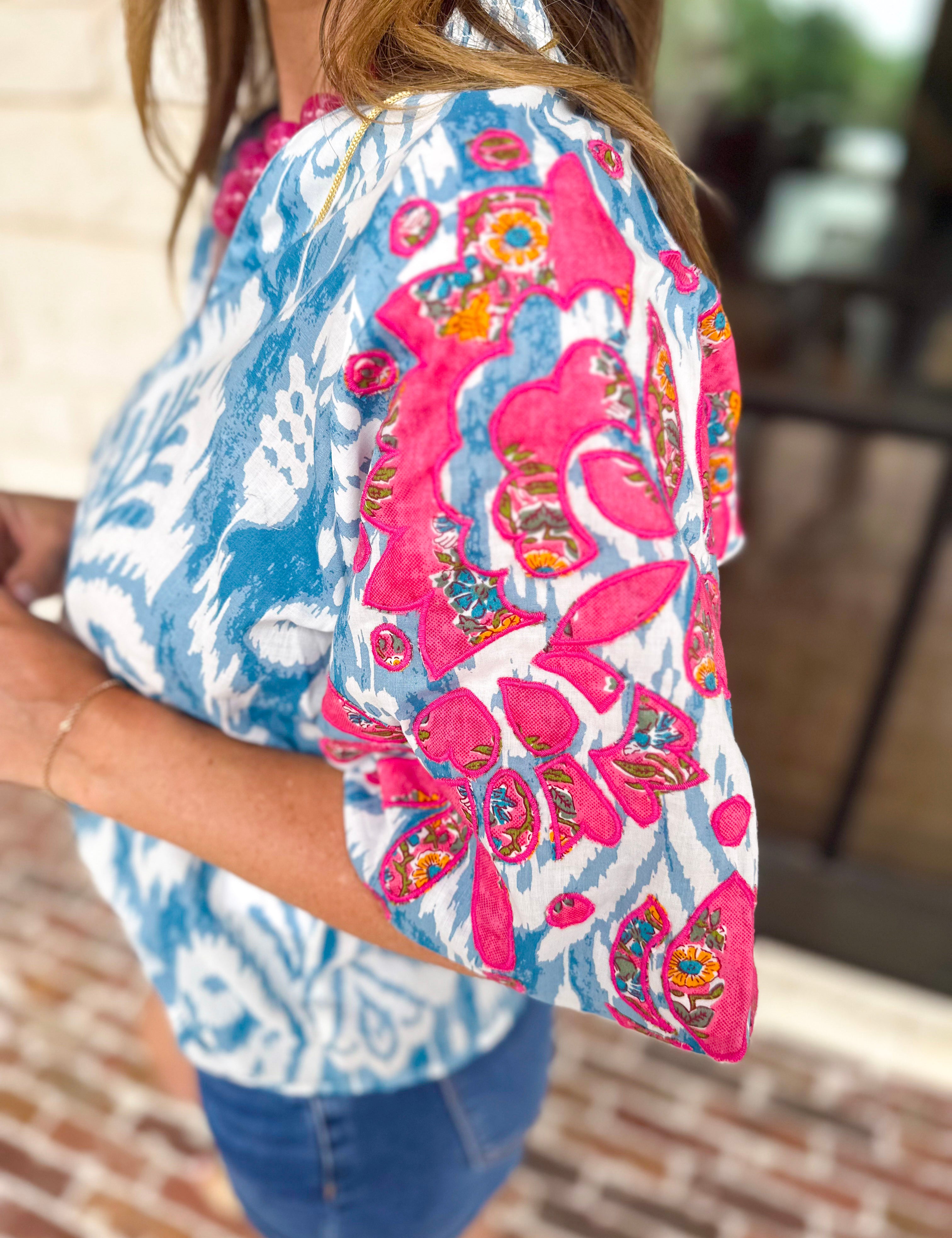 THML - Blue Watercolor Embroidered Blouse-200 Fashion Blouses-THML-July & June Women's Fashion Boutique Located in San Antonio, Texas