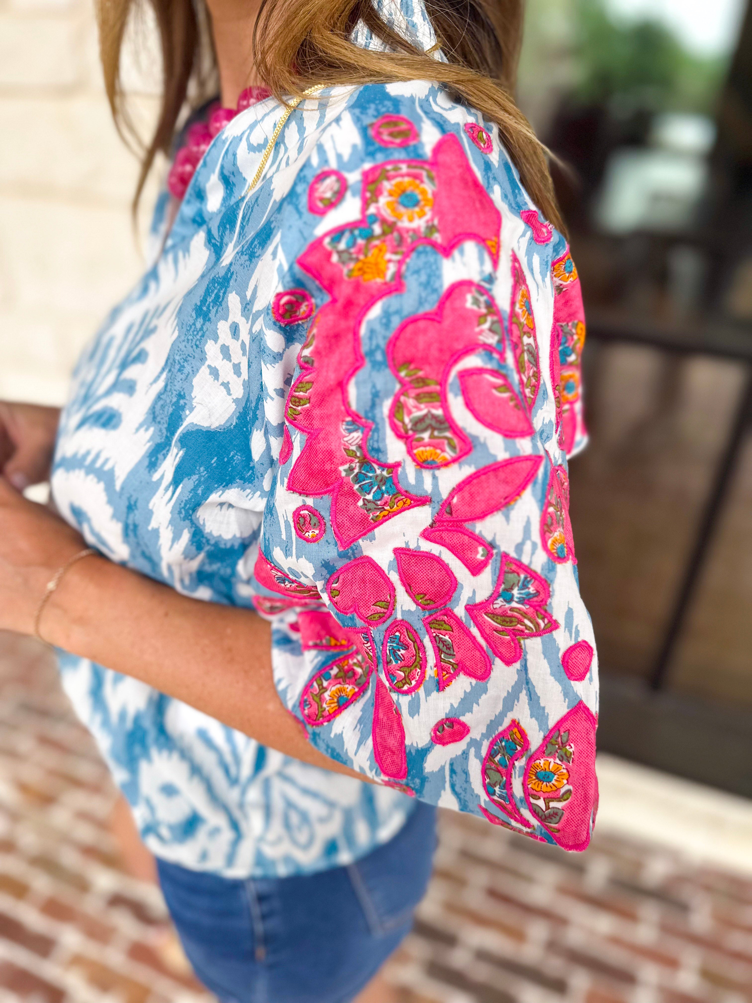THML - Blue Watercolor Embroidered Blouse-200 Fashion Blouses-THML-July & June Women's Fashion Boutique Located in San Antonio, Texas