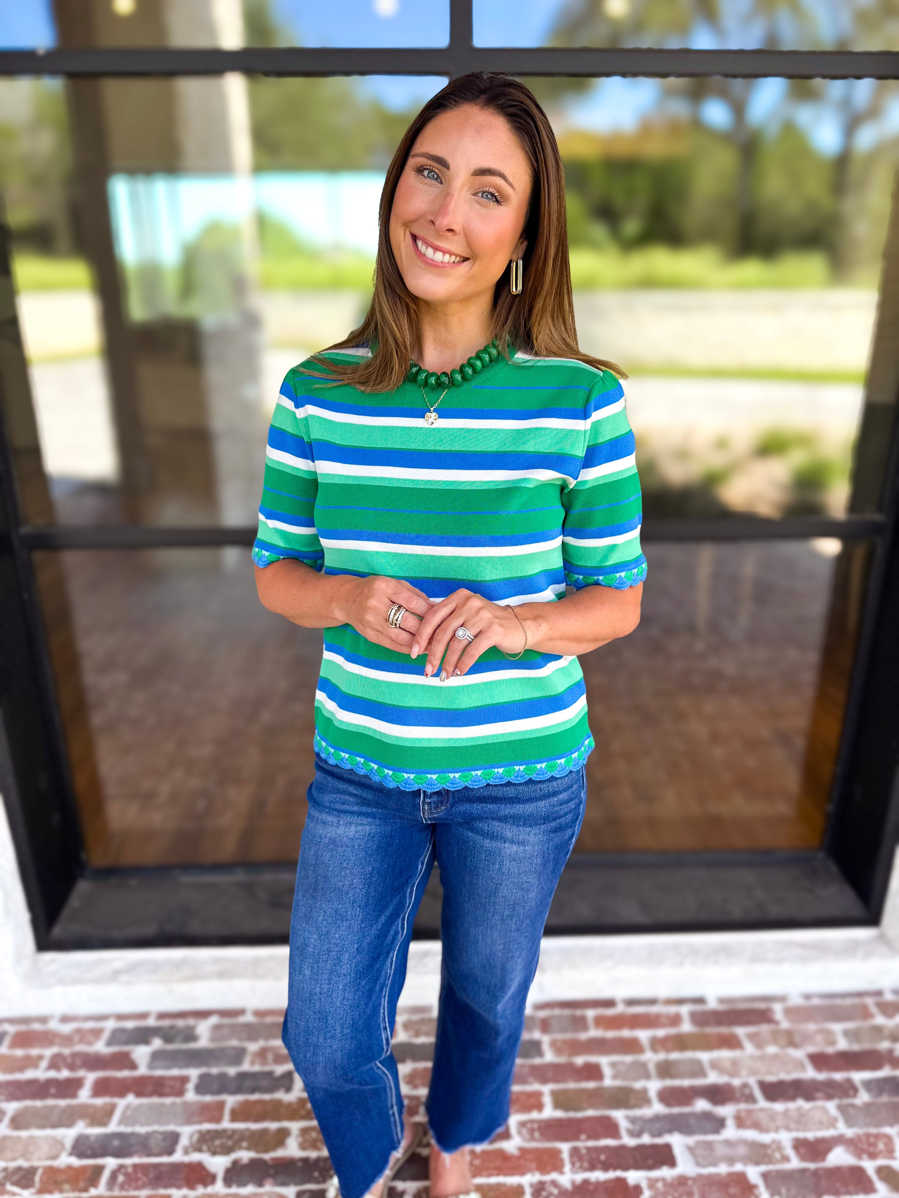 Parker Blue & Green Striped Knit Top-230 Sweaters/Cardis-STRUT & BOLT-July & June Women's Fashion Boutique Located in San Antonio, Texas