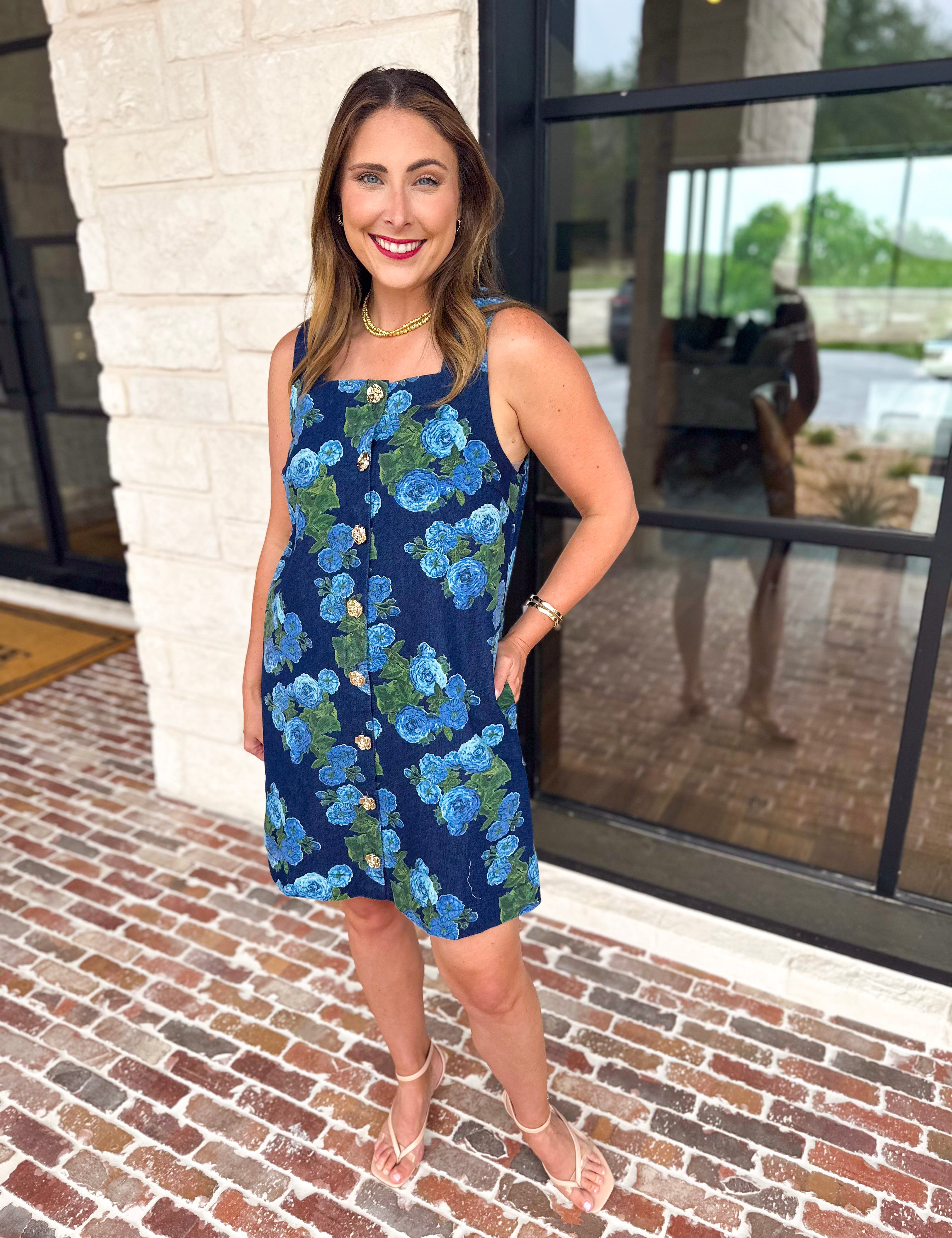 Retro Blue Floral Denim Mini Dress-510 Mini-ENTRO-July & June Women's Fashion Boutique Located in San Antonio, Texas