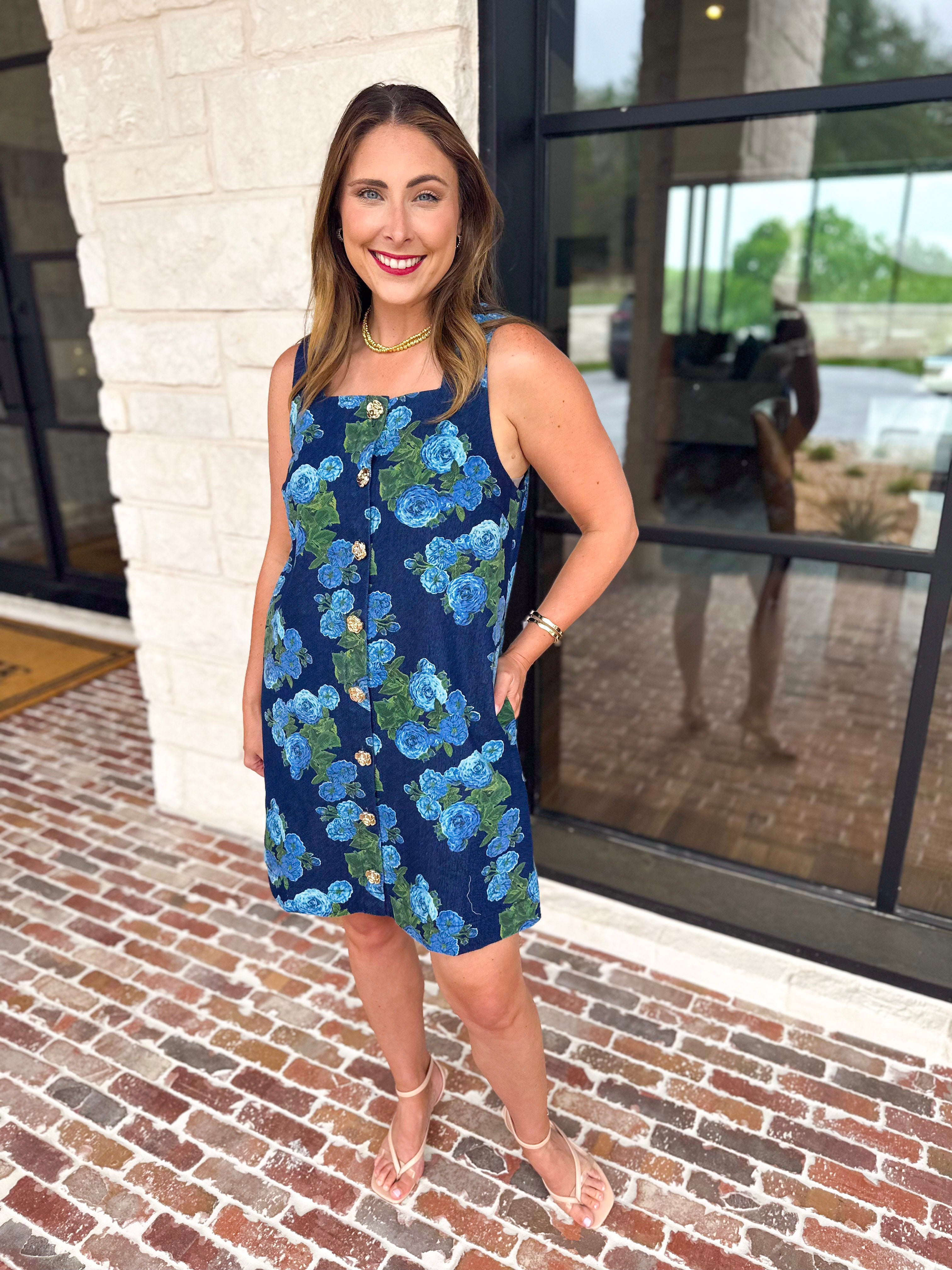 Retro Blue Floral Denim Mini Dress-510 Mini-ENTRO-July & June Women's Fashion Boutique Located in San Antonio, Texas