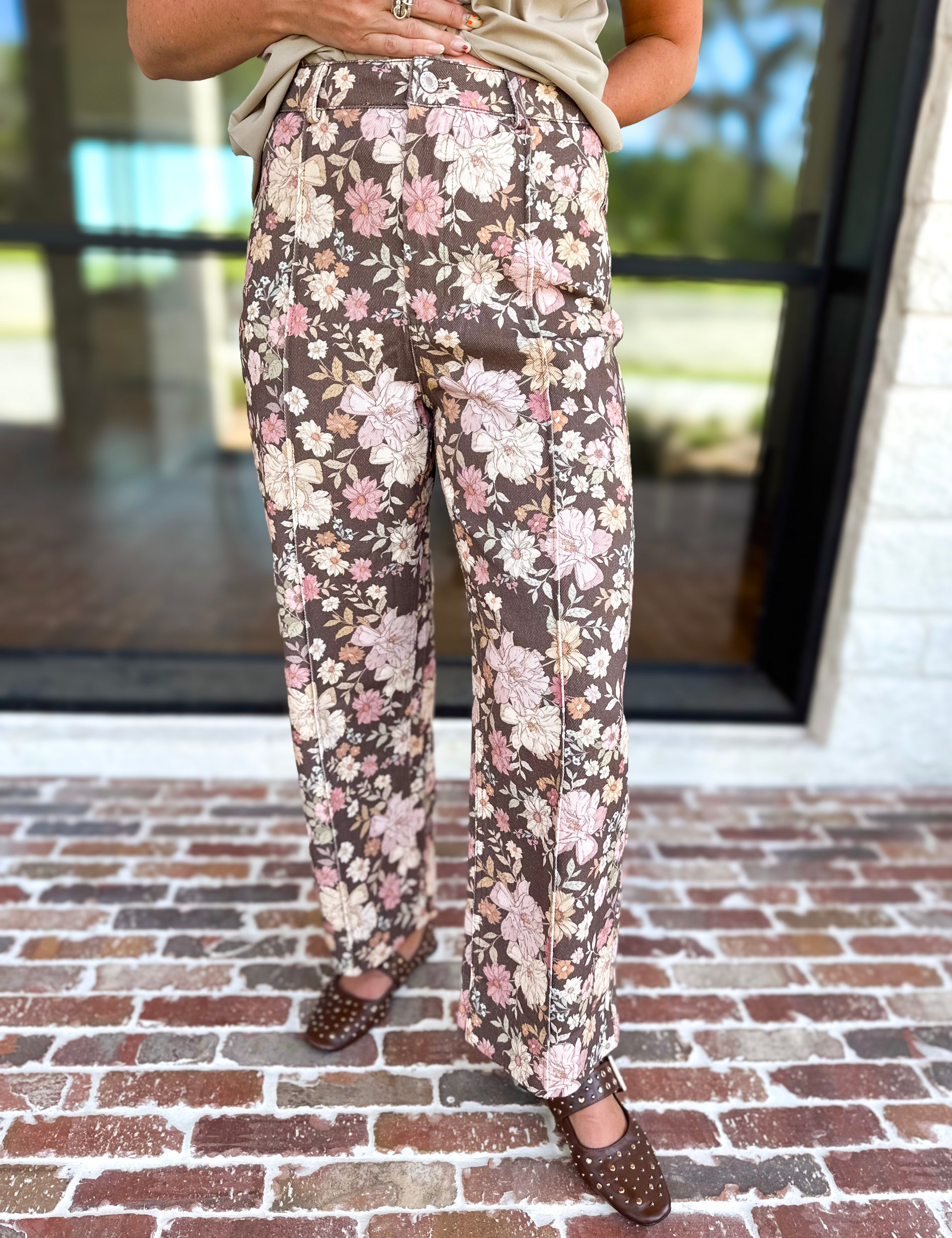 Fall Floral Denim Pants - Brown-400 Pants-ENTRO-July & June Women's Fashion Boutique Located in San Antonio, Texas