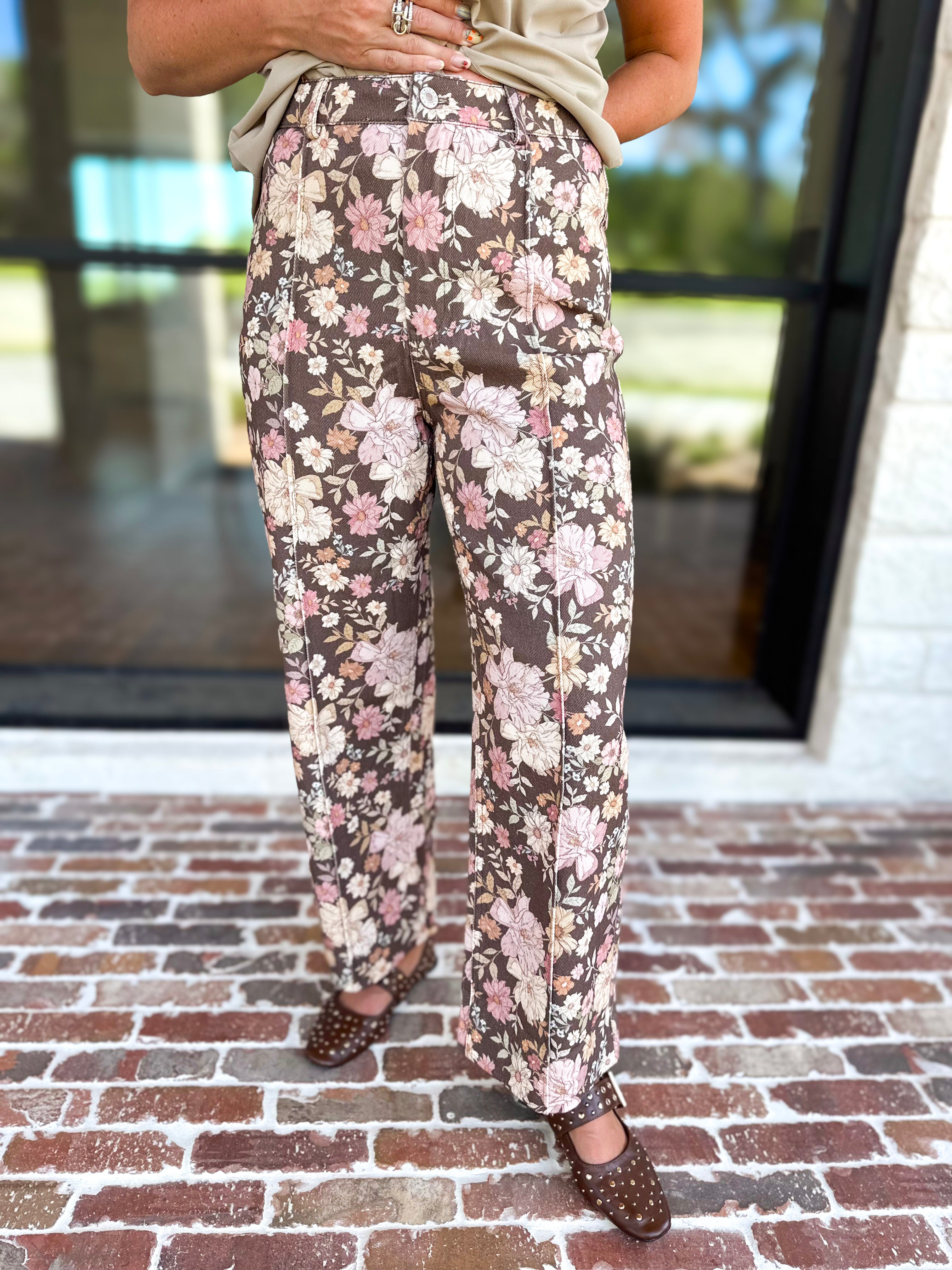 Fall Floral Denim Pants - Brown-400 Pants-ENTRO-July & June Women's Fashion Boutique Located in San Antonio, Texas