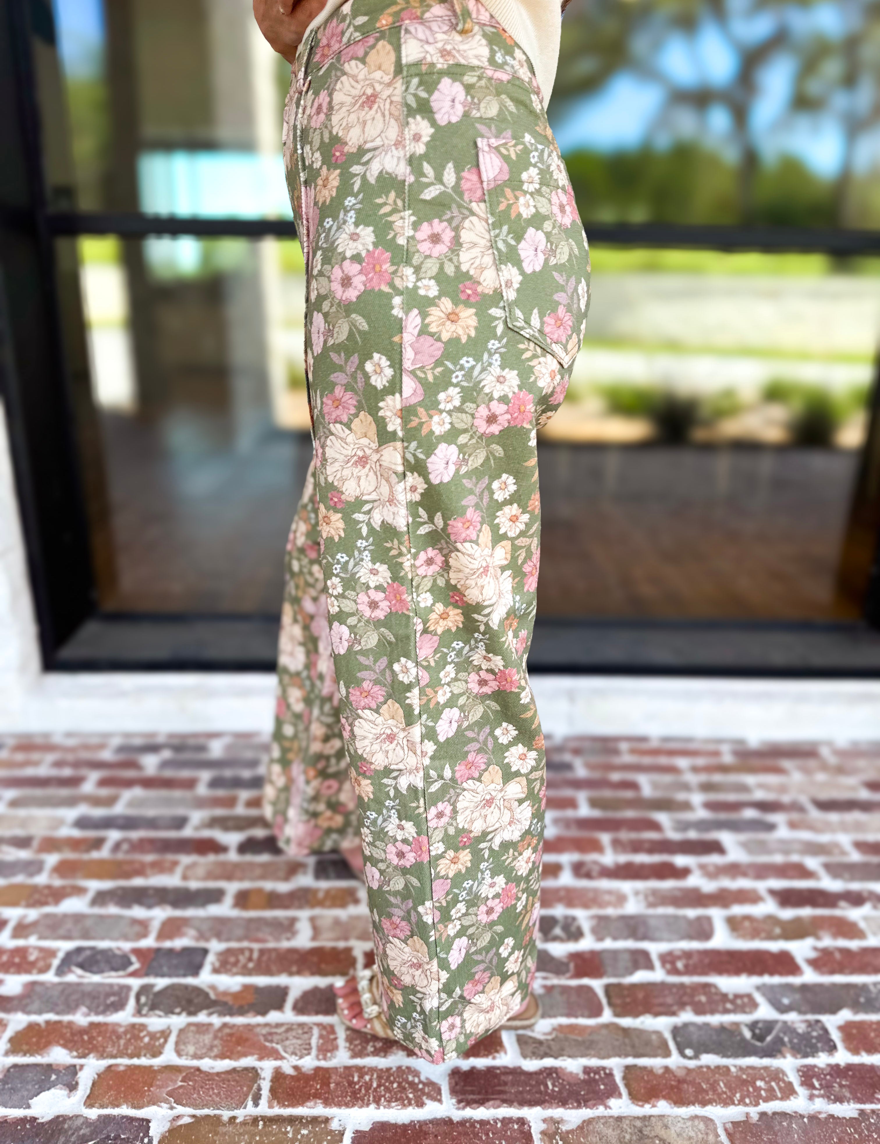 Fall Floral Denim Pants - Olive-400 Pants-ENTRO-July & June Women's Fashion Boutique Located in San Antonio, Texas