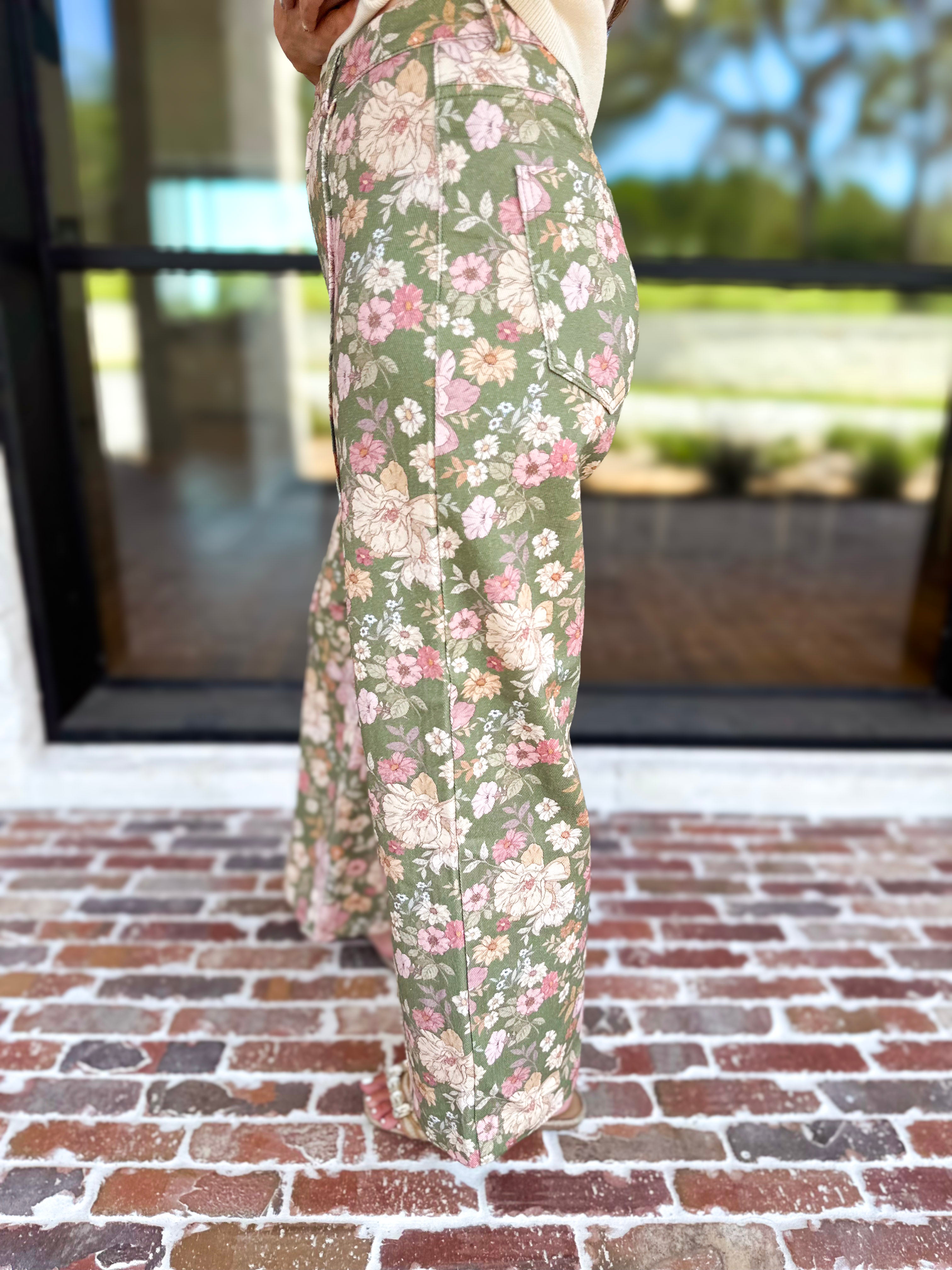 Fall Floral Denim Pants - Olive-400 Pants-ENTRO-July & June Women's Fashion Boutique Located in San Antonio, Texas