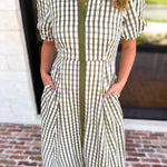 Olive Gingham & Collared Midi Dress-500 Midi-ENTRO-July & June Women's Fashion Boutique Located in San Antonio, Texas