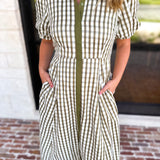 Olive Gingham & Collared Midi Dress-500 Midi-ENTRO-July & June Women's Fashion Boutique Located in San Antonio, Texas