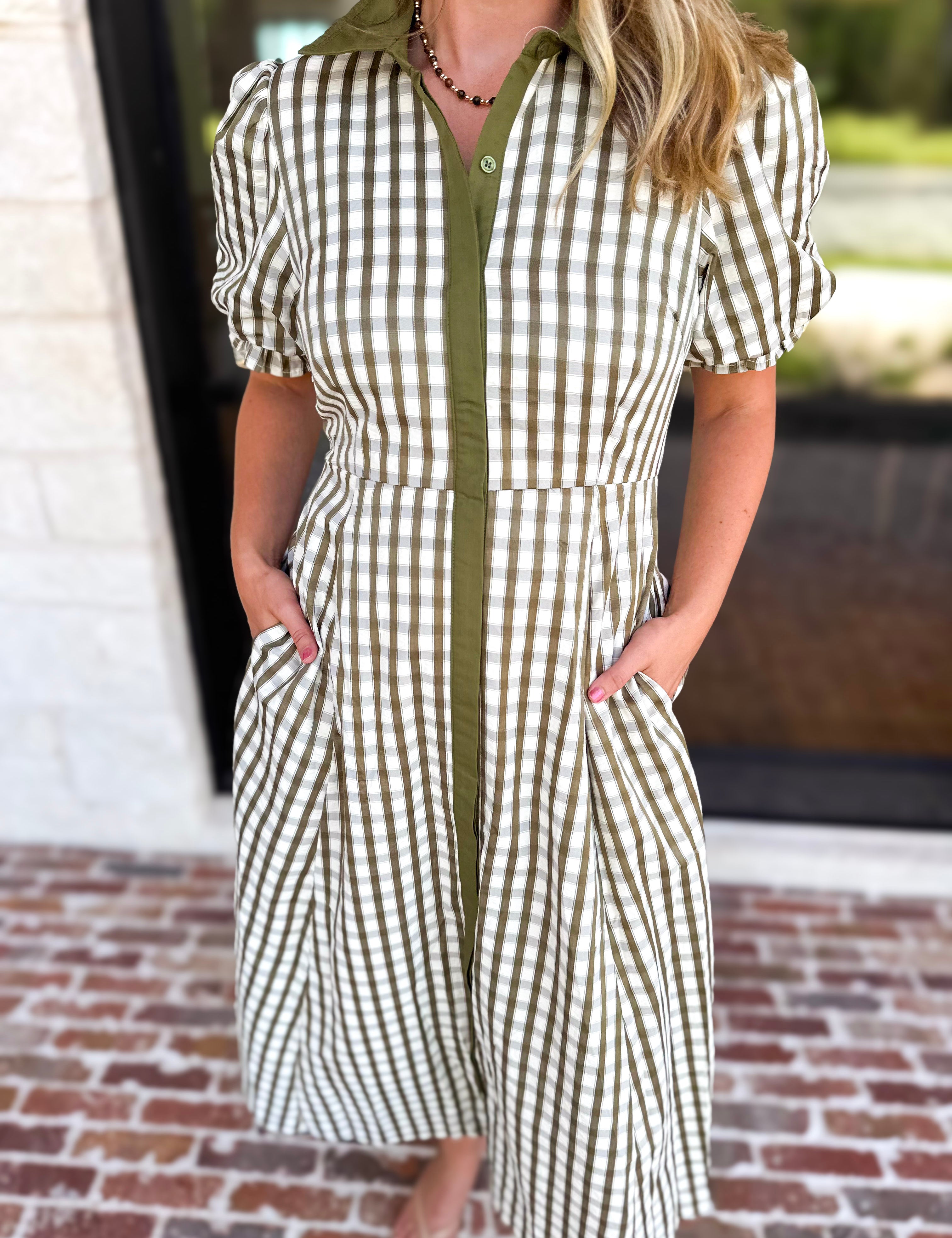 Olive Gingham & Collared Midi Dress-500 Midi-ENTRO-July & June Women's Fashion Boutique Located in San Antonio, Texas