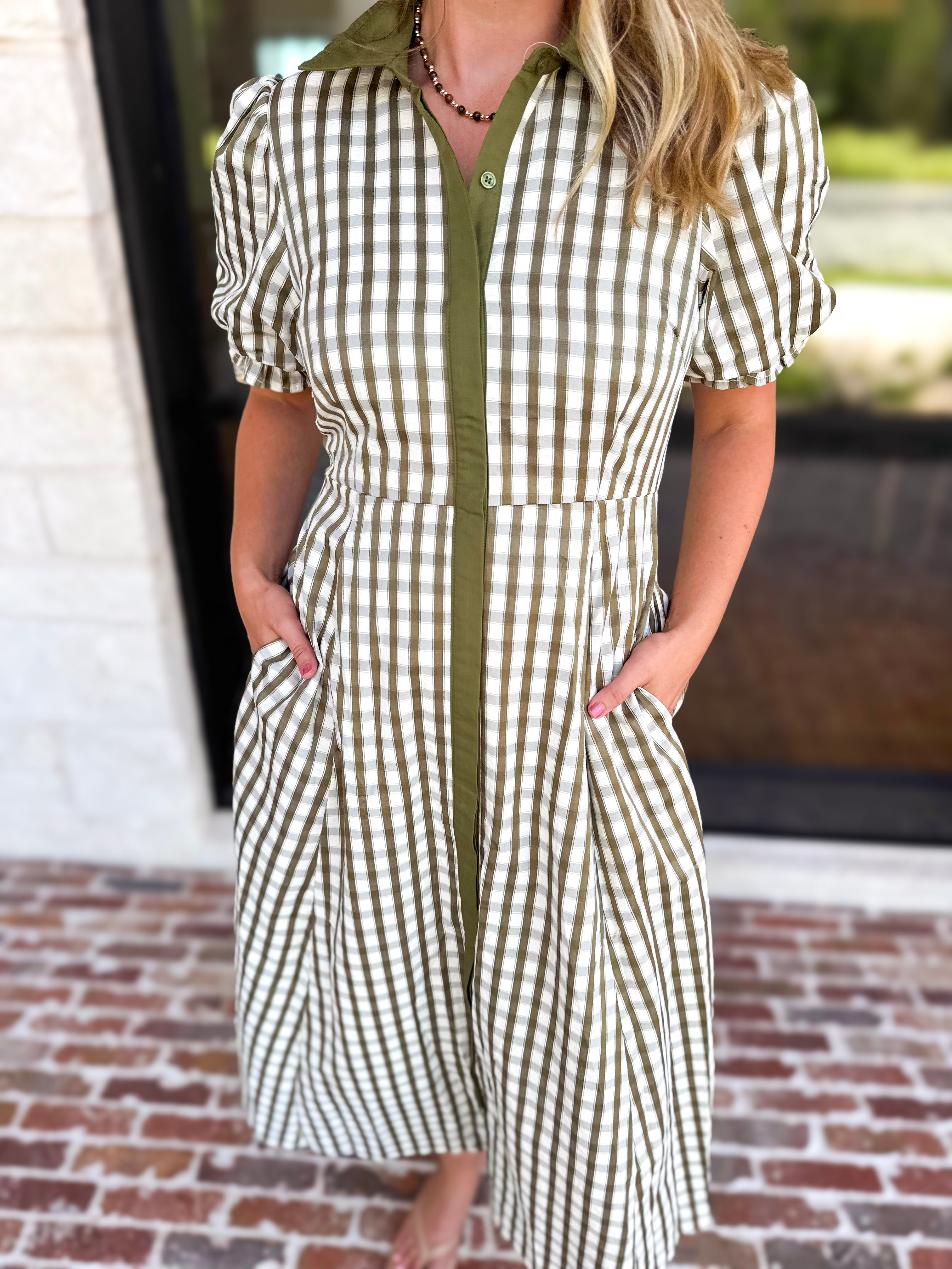 Olive Gingham & Collared Midi Dress-500 Midi-ENTRO-July & June Women's Fashion Boutique Located in San Antonio, Texas