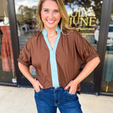 Contrast Chic Blouse - Cocoa Sky-200 Fashion Blouses-ENTRO-July & June Women's Fashion Boutique Located in San Antonio, Texas