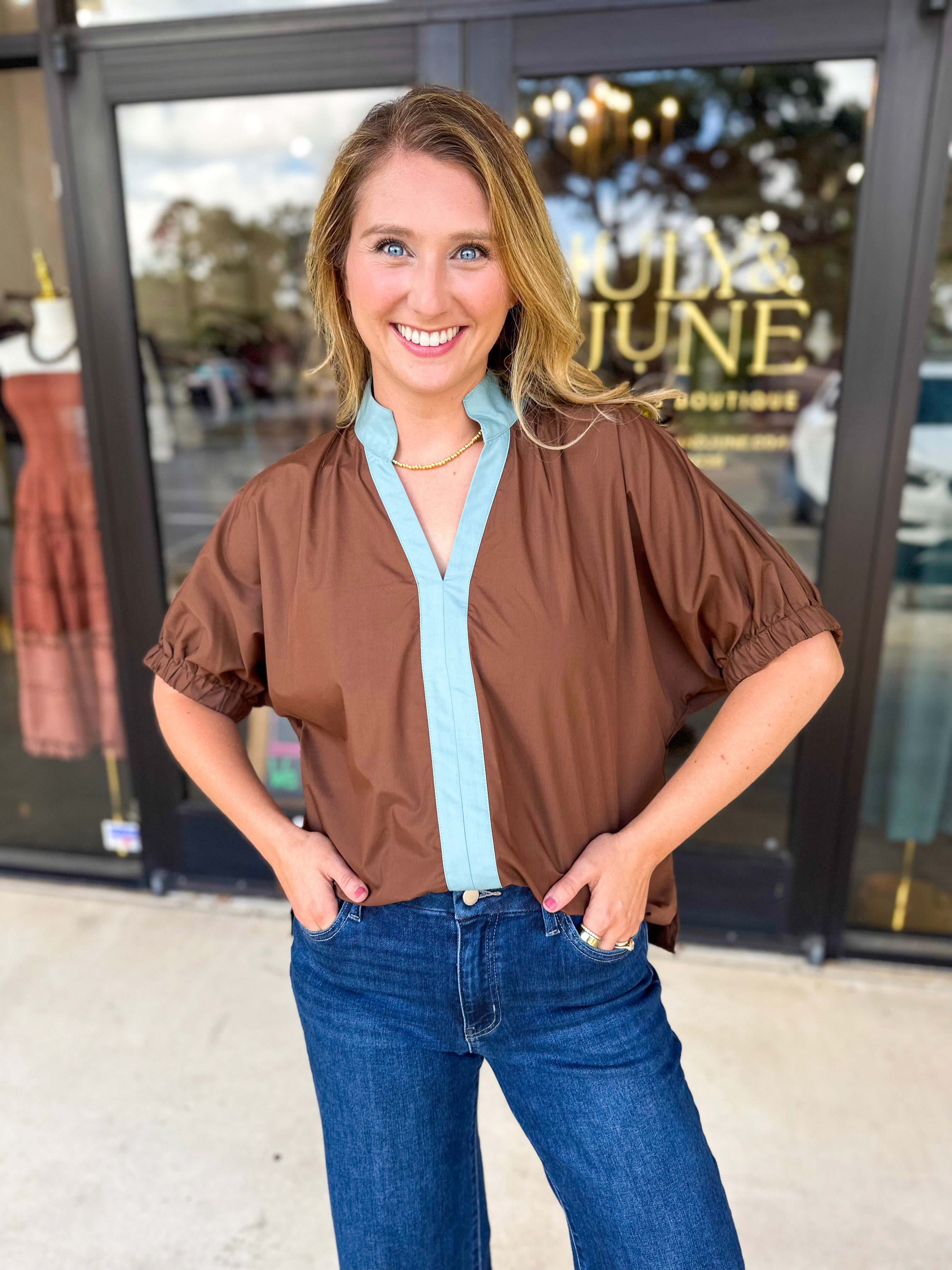 Contrast Chic Blouse - Cocoa Sky-200 Fashion Blouses-ENTRO-July & June Women's Fashion Boutique Located in San Antonio, Texas