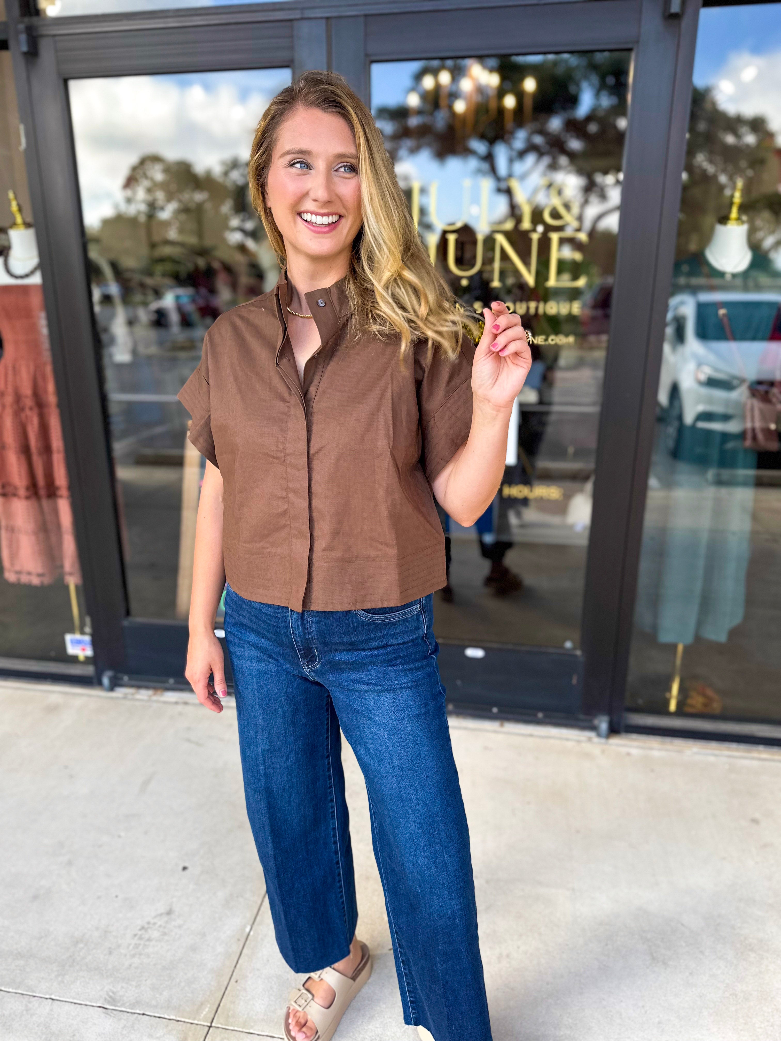 Chic Boxy Blouse - Brown-200 Fashion Blouses-ENTRO-July & June Women's Fashion Boutique Located in San Antonio, Texas