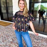 Black Lace & Floral Blouse-200 Fashion Blouses-ENTRO-July & June Women's Fashion Boutique Located in San Antonio, Texas
