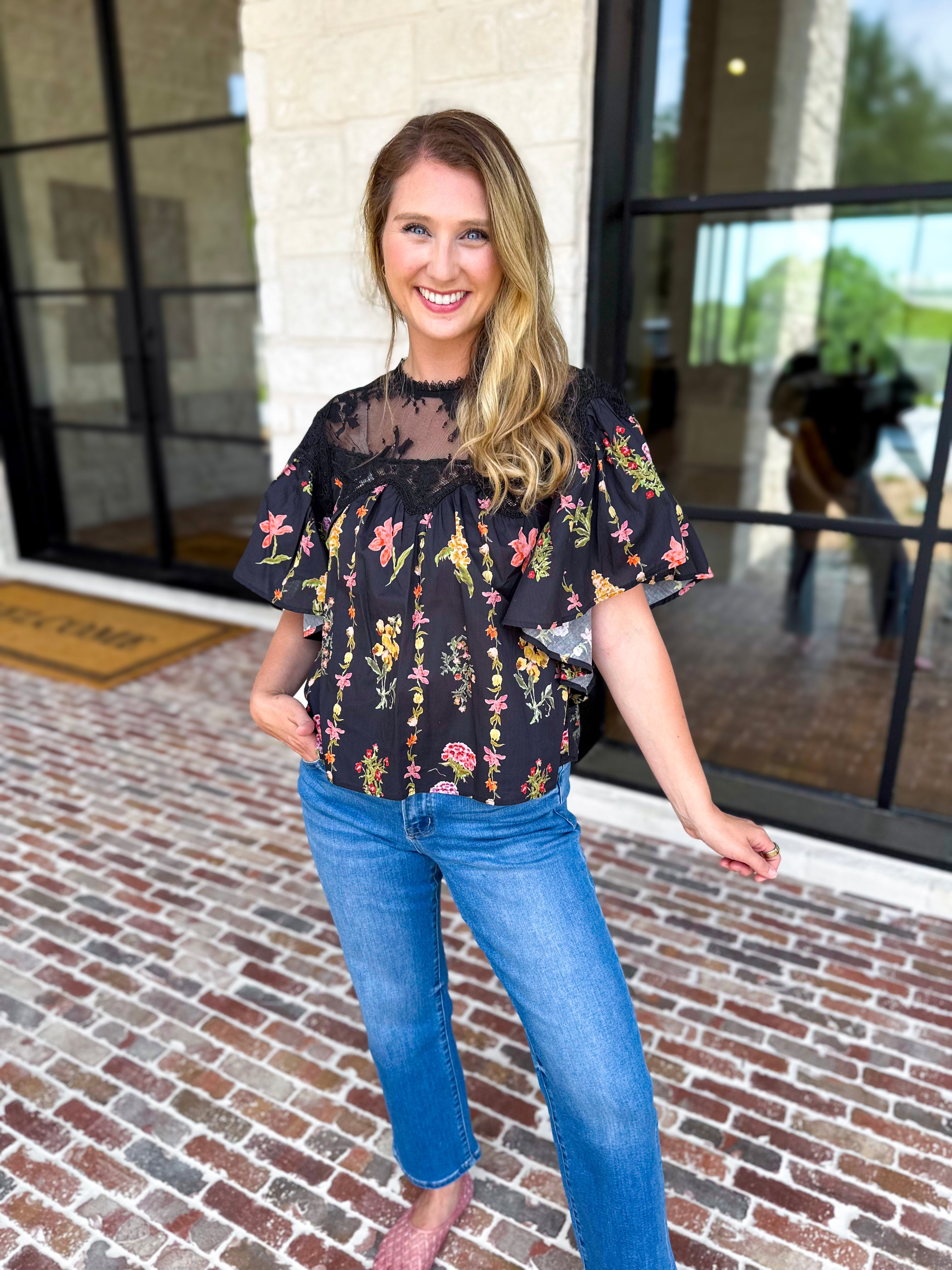 Black Lace & Floral Blouse-200 Fashion Blouses-ENTRO-July & June Women's Fashion Boutique Located in San Antonio, Texas