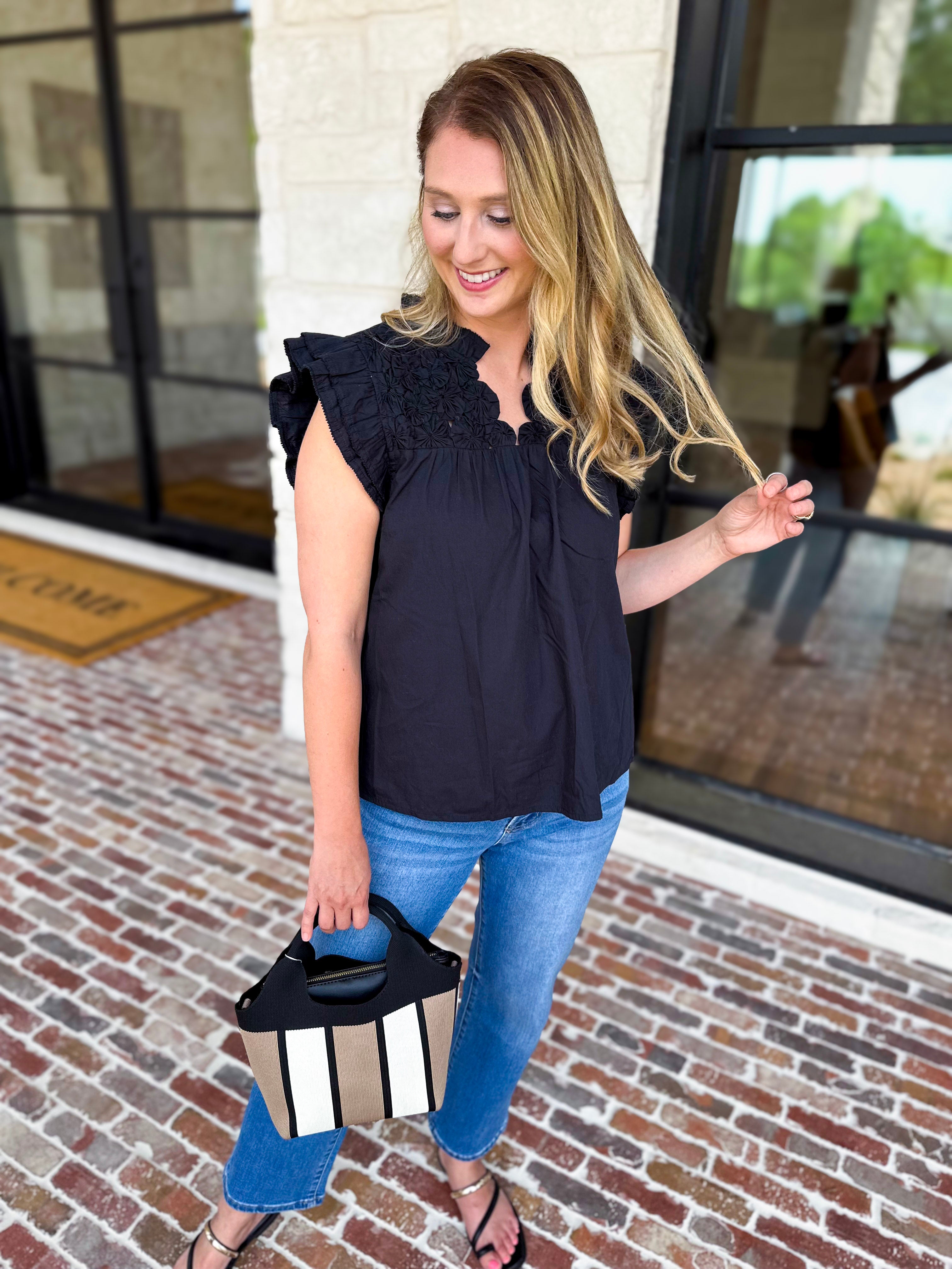 THML - Black Flutter Sleeve Blouse-200 Fashion Blouses-THML-July & June Women's Fashion Boutique Located in San Antonio, Texas