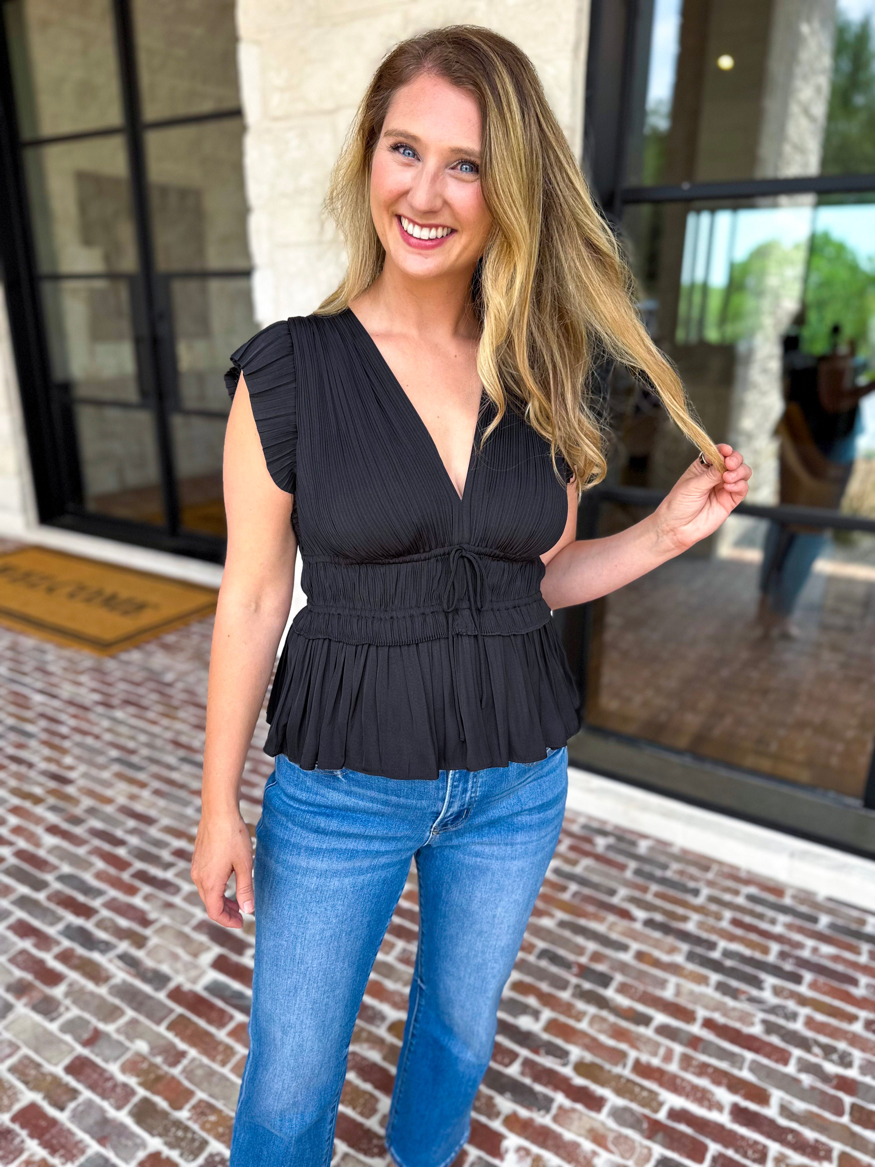 Current Air - Black Satin Date Night Blouse-200 Fashion Blouses-CURRENT AIR CLOTHING-July & June Women's Fashion Boutique Located in San Antonio, Texas