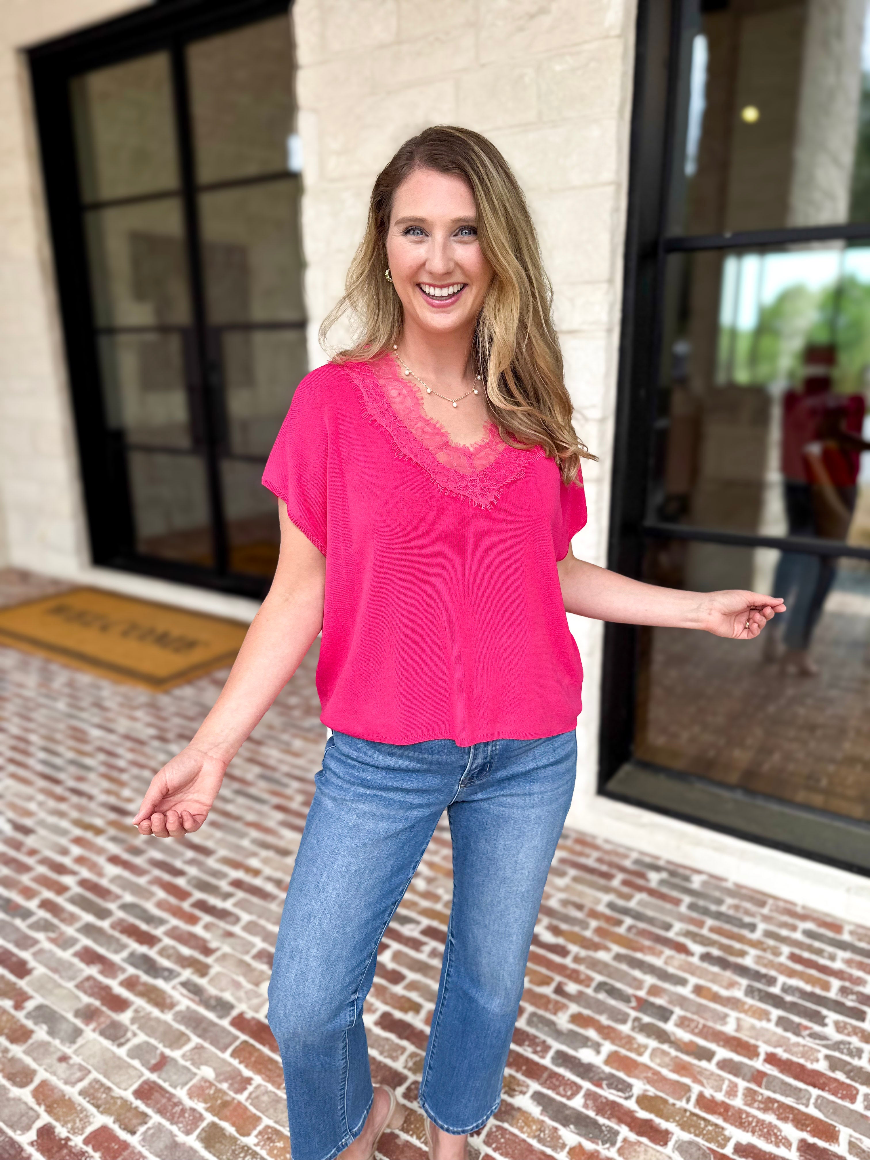 Lace Details Blouse - Hot Pink-200 Fashion Blouses-ENTRO-July & June Women's Fashion Boutique Located in San Antonio, Texas