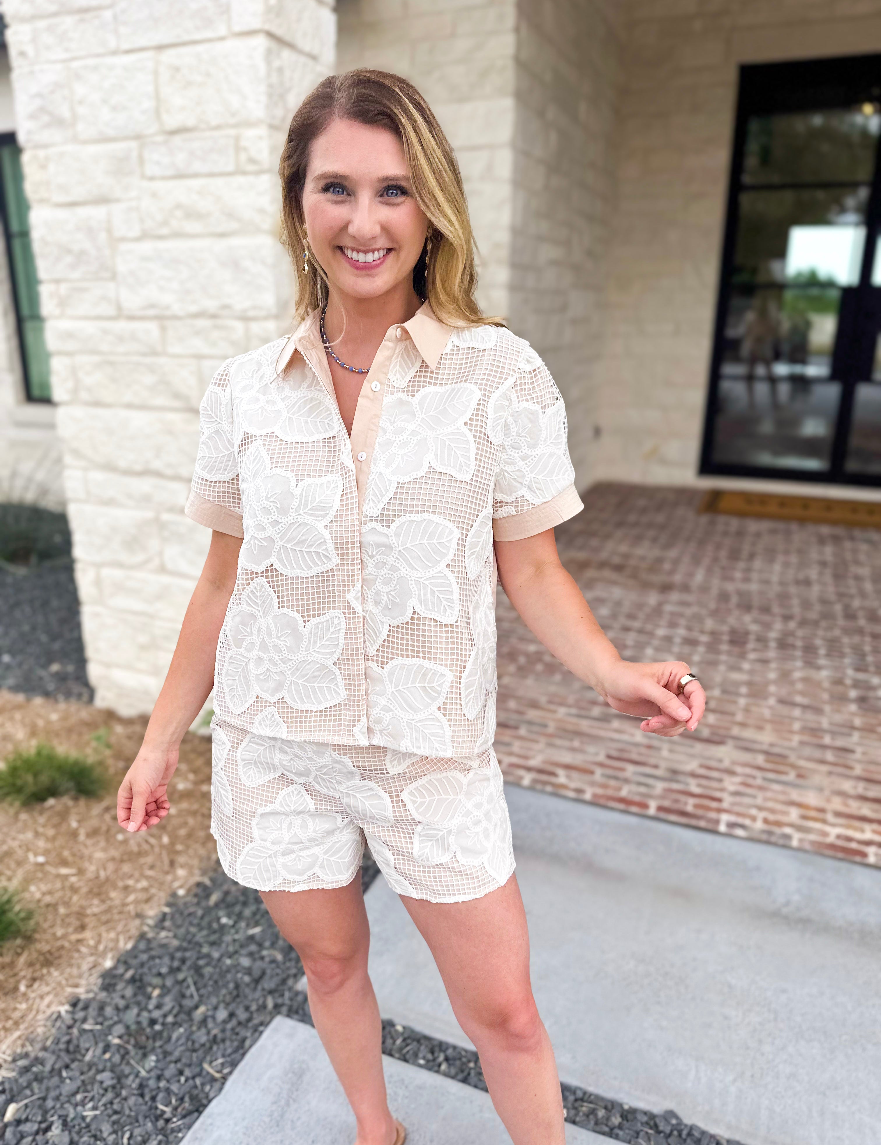 Taupe & Cream Crochet Short Set-510 Mini-STRUT & BOLT-July & June Women's Fashion Boutique Located in San Antonio, Texas