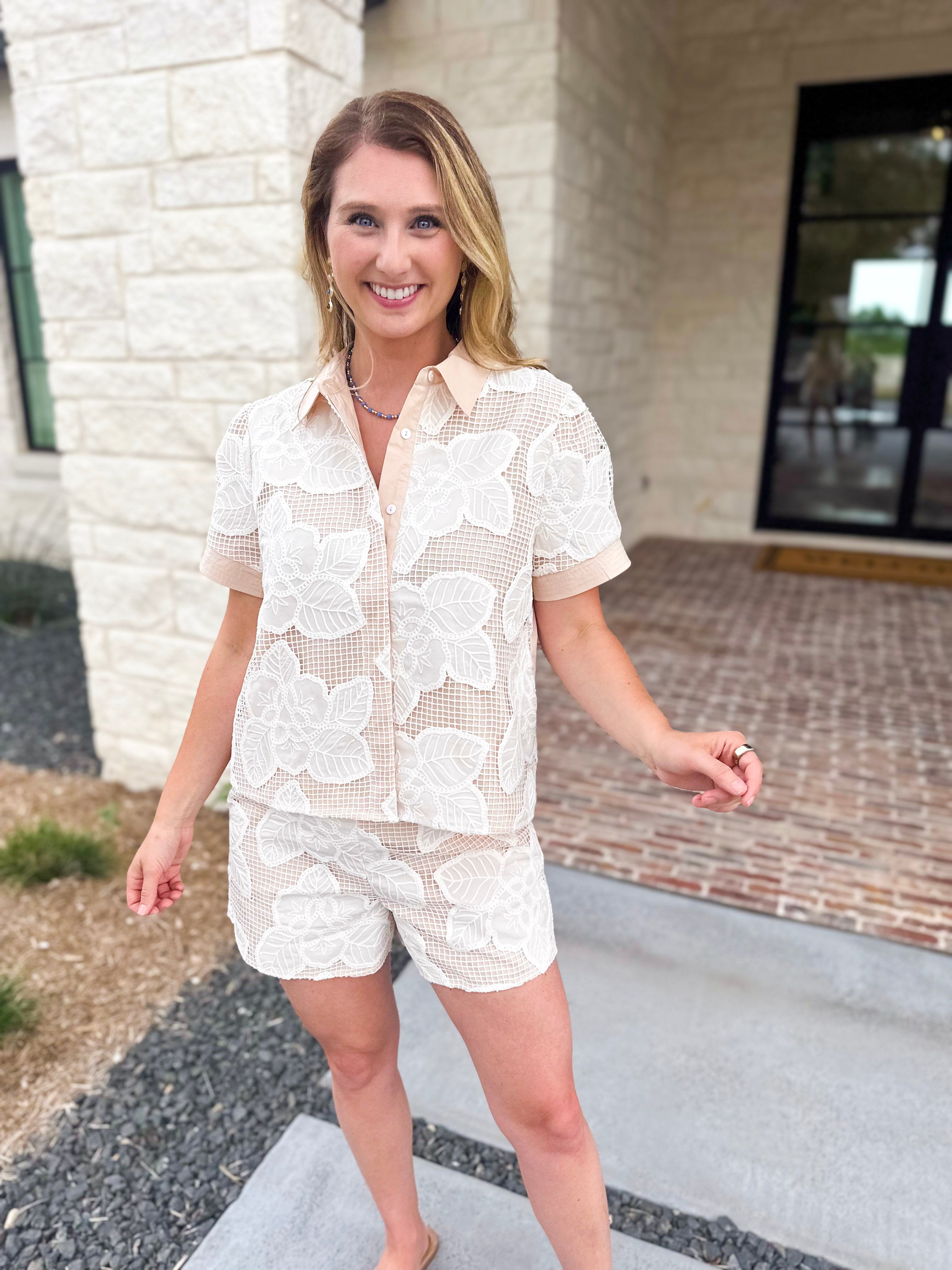 Taupe & Cream Crochet Short Set-510 Mini-STRUT & BOLT-July & June Women's Fashion Boutique Located in San Antonio, Texas