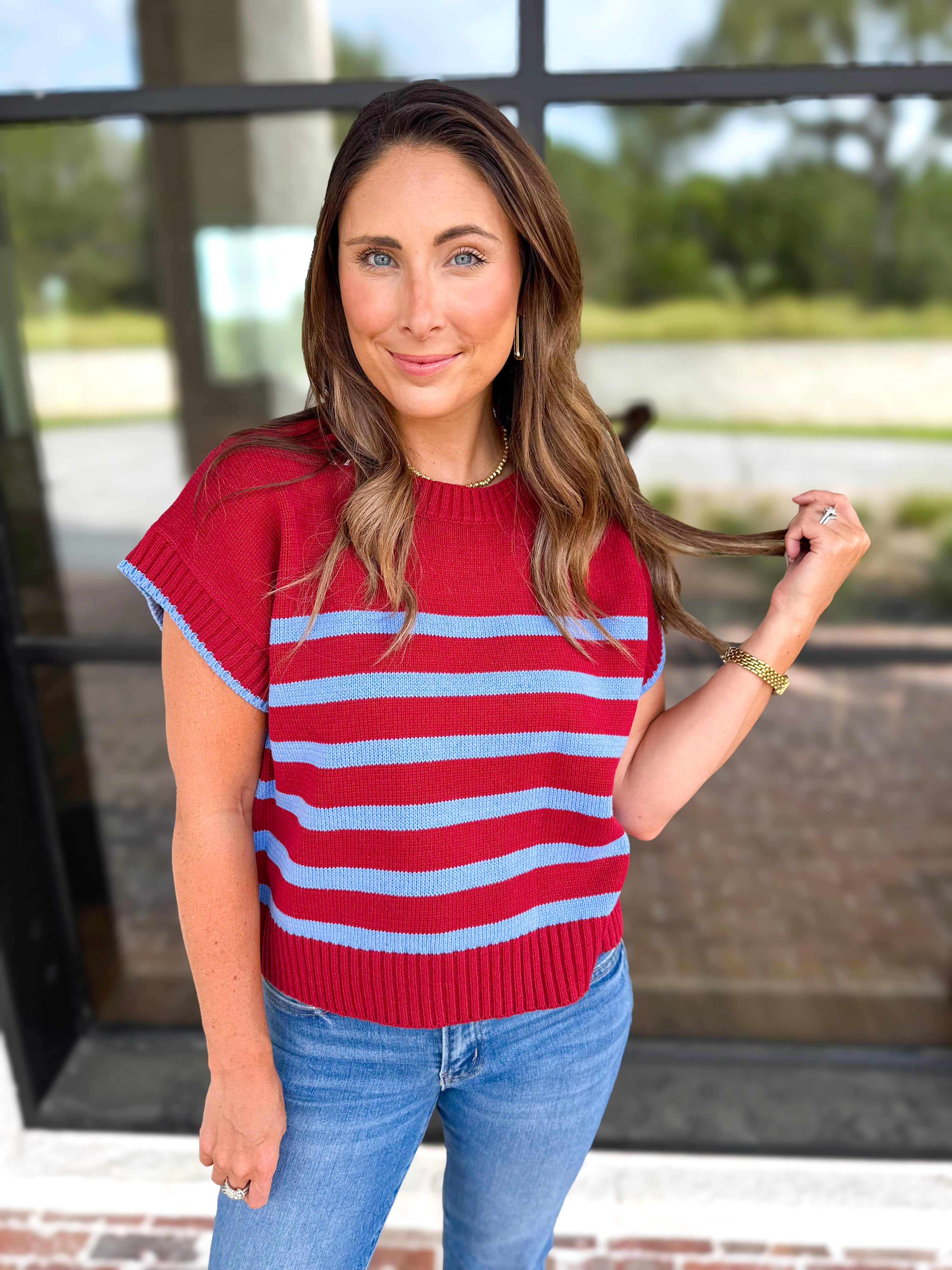 Effortless Striped Knit Top - Burgundy-230 Sweaters/Cardis-ENTRO-July & June Women's Fashion Boutique Located in San Antonio, Texas