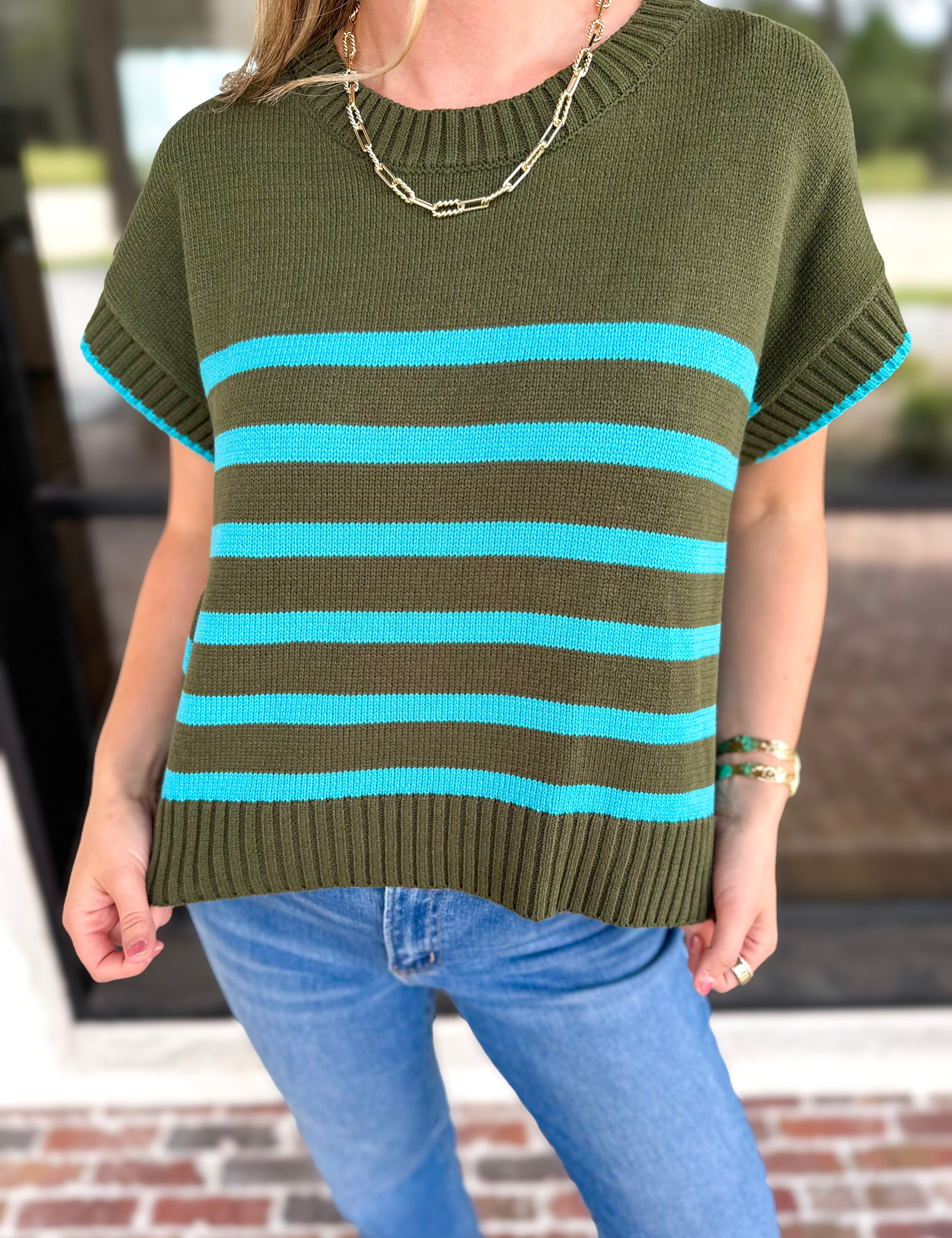 Effortless Striped Knit Top - Forest Green-230 Sweaters/Cardis-ENTRO-July & June Women's Fashion Boutique Located in San Antonio, Texas