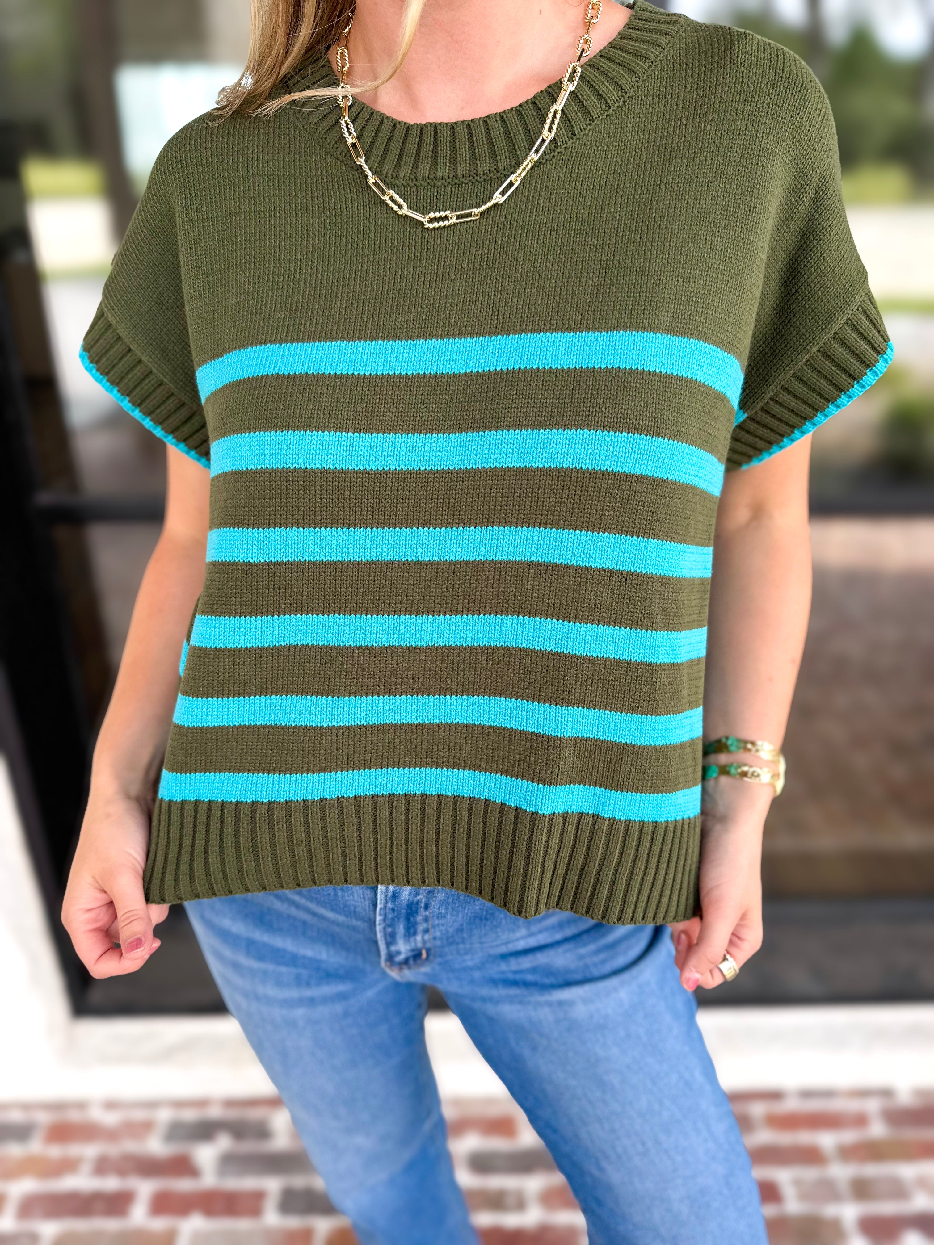 Effortless Striped Knit Top - Forest Green-230 Sweaters/Cardis-ENTRO-July & June Women's Fashion Boutique Located in San Antonio, Texas