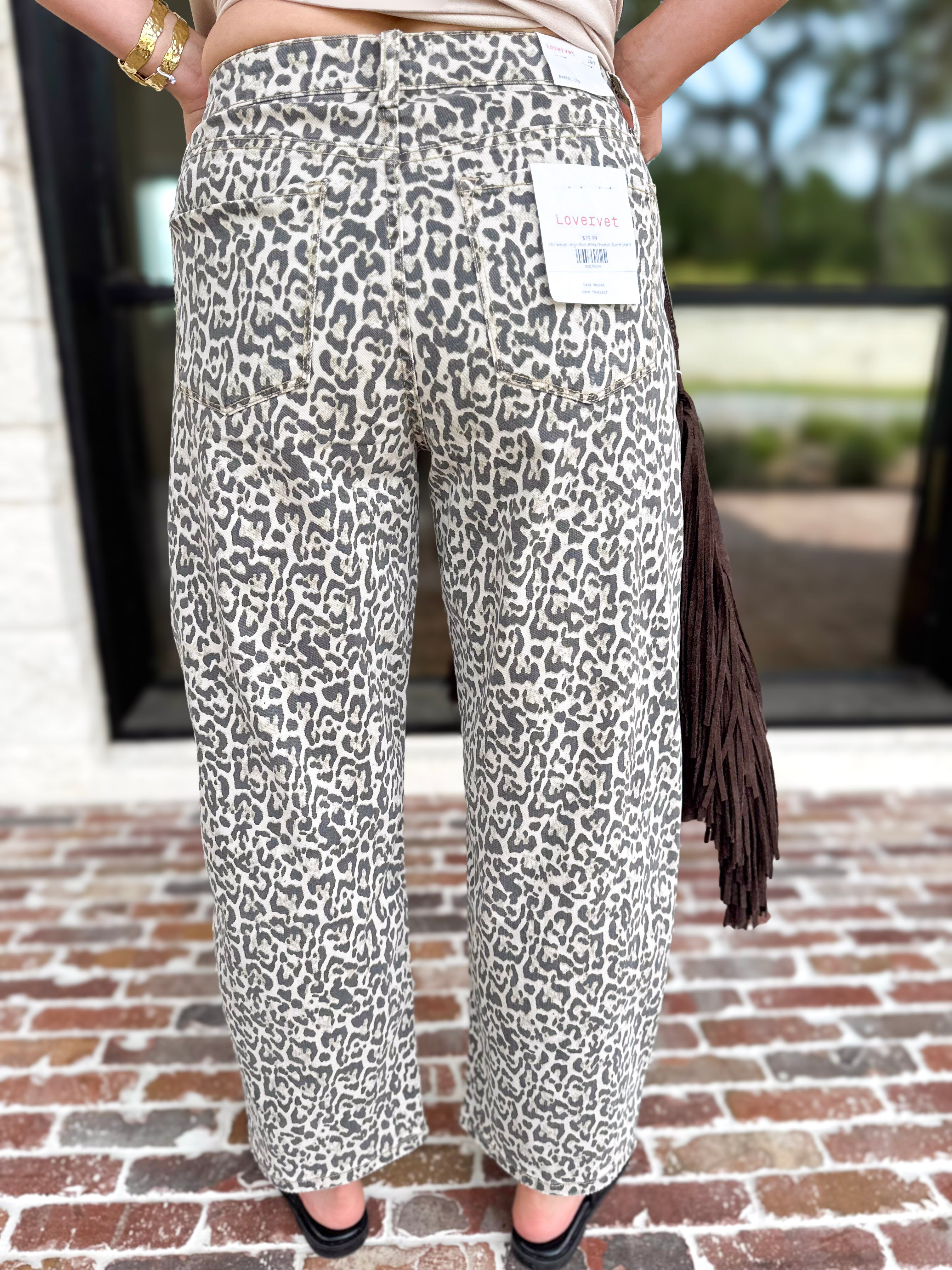 Vervet - High Rise Utility Cheetah Barrel Jeans-420 Denim-VEVERT BY FLYING MONKEY-July & June Women's Fashion Boutique Located in San Antonio, Texas