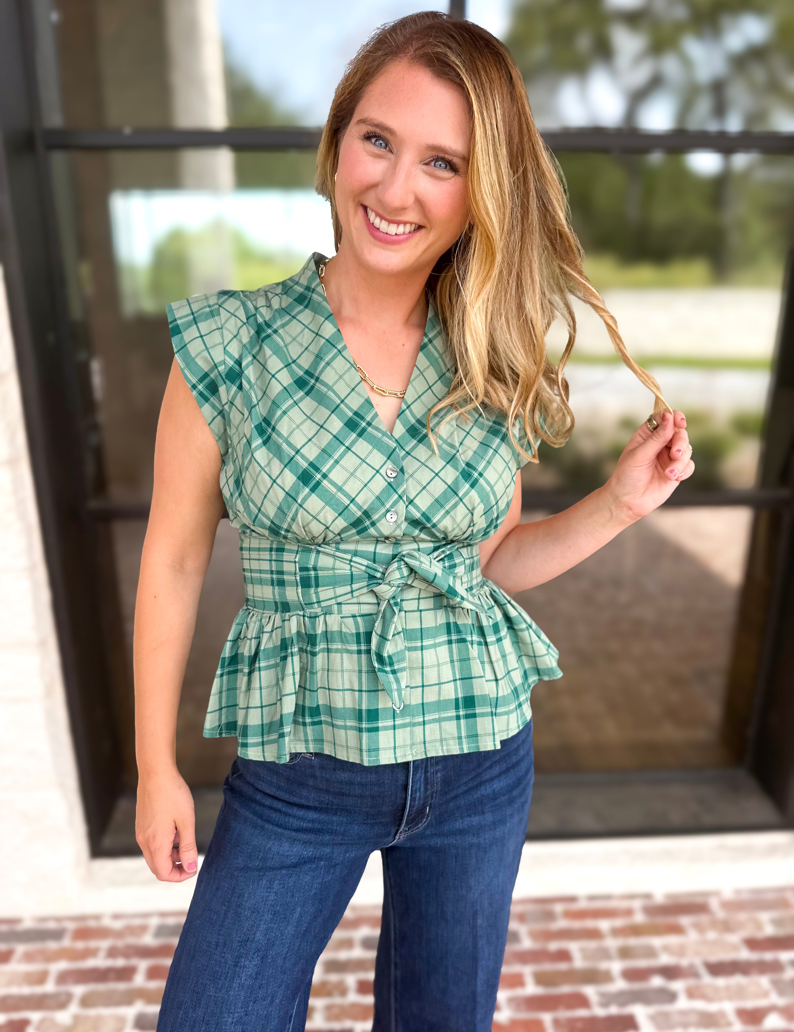 The Remi Cinched Blouse - Spruce Green-200 Fashion Blouses-ENTRO-July & June Women's Fashion Boutique Located in San Antonio, Texas