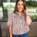 Coffee Date Blouse - Cream & Brown-200 Fashion Blouses-ENTRO-July & June Women's Fashion Boutique Located in San Antonio, Texas
