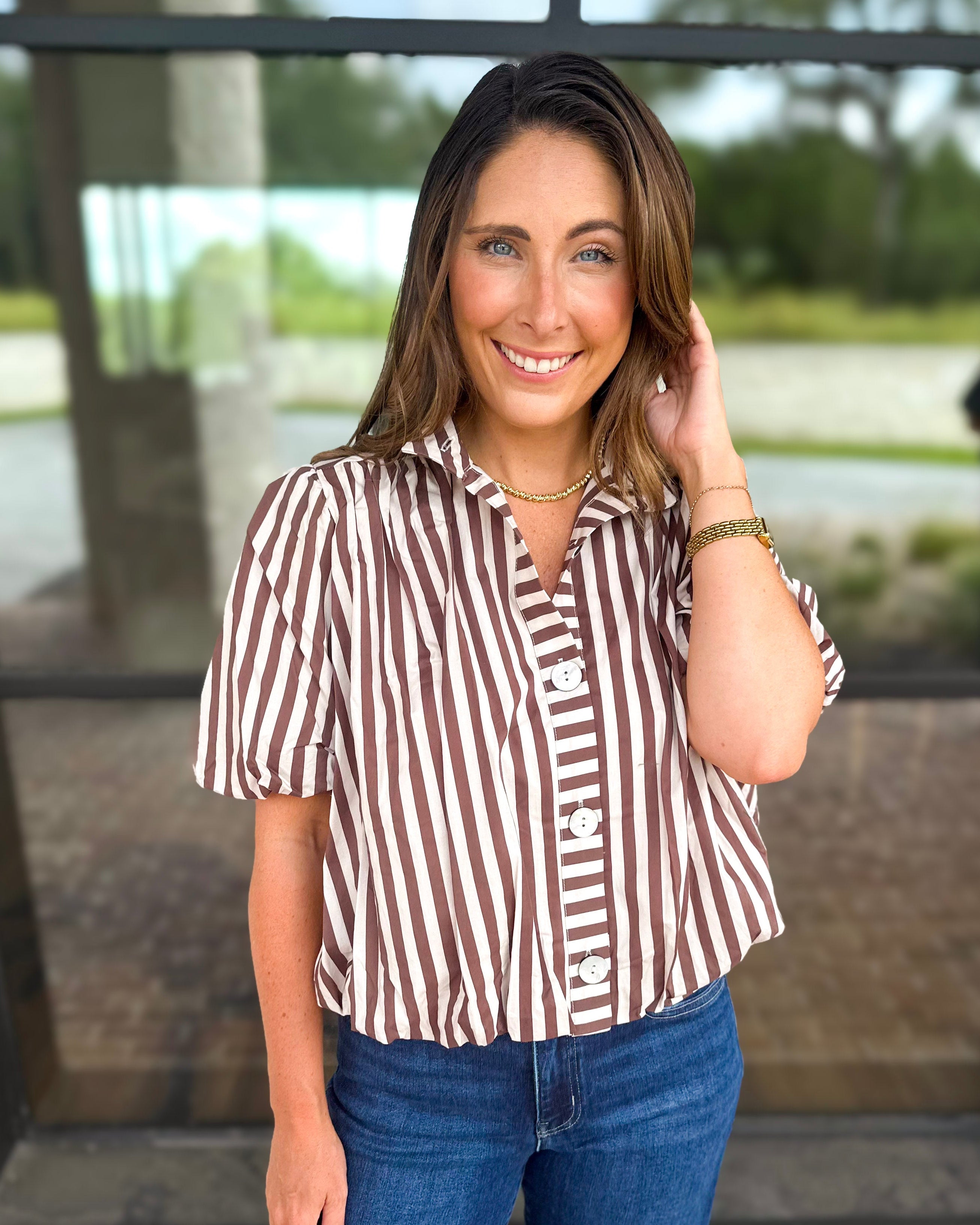 Coffee Date Blouse - Cream & Brown-200 Fashion Blouses-ENTRO-July & June Women's Fashion Boutique Located in San Antonio, Texas