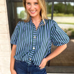 Coffee Date Blouse - Blue & Hunter-200 Fashion Blouses-ENTRO-July & June Women's Fashion Boutique Located in San Antonio, Texas