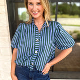 Coffee Date Blouse - Blue & Hunter-200 Fashion Blouses-ENTRO-July & June Women's Fashion Boutique Located in San Antonio, Texas