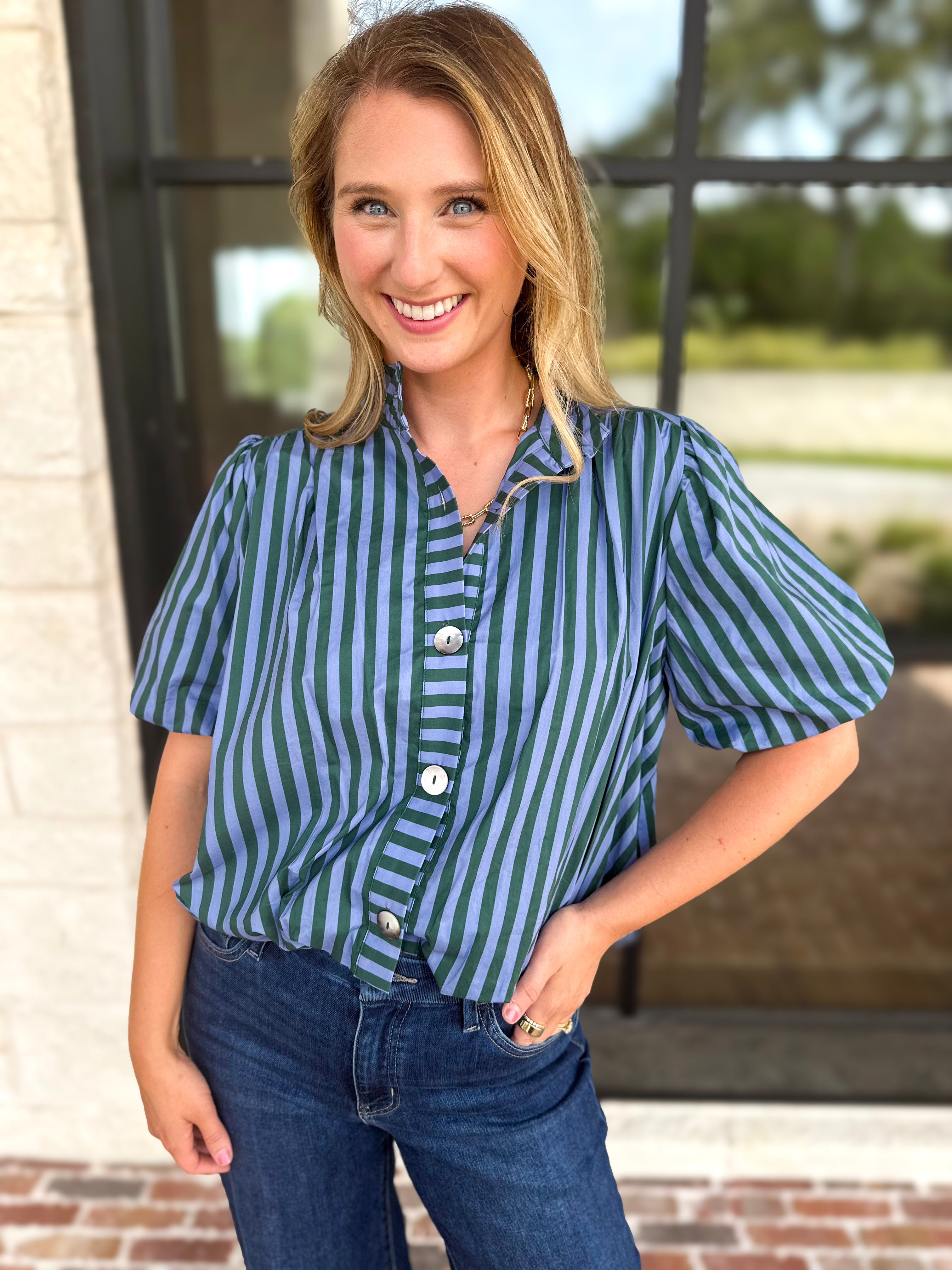 Coffee Date Blouse - Blue & Hunter-200 Fashion Blouses-ENTRO-July & June Women's Fashion Boutique Located in San Antonio, Texas