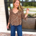 Liverpool - Willow Espresso Ruffle Blouse-200 Fashion Blouses-LIVERPOOL JEANS COMPANY-July & June Women's Fashion Boutique Located in San Antonio, Texas