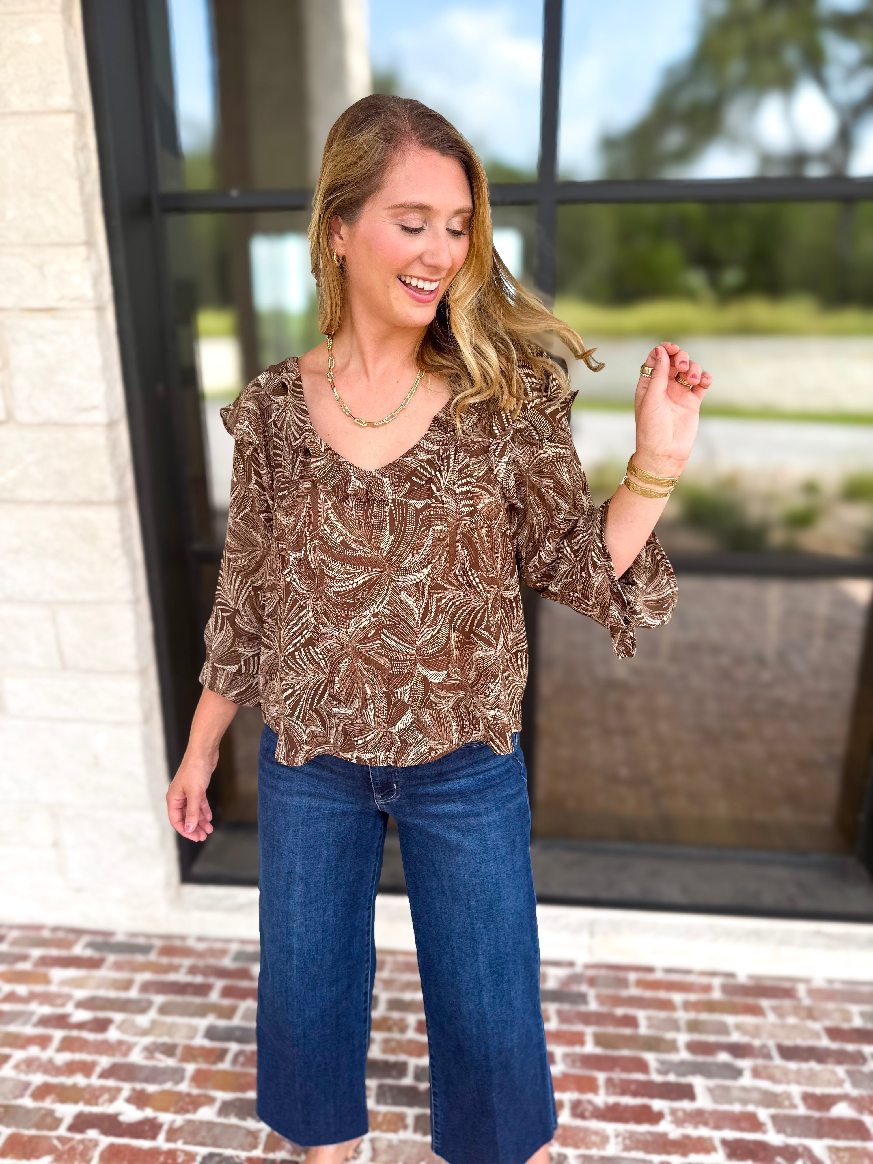 Liverpool - Willow Espresso Ruffle Blouse-200 Fashion Blouses-LIVERPOOL JEANS COMPANY-July & June Women's Fashion Boutique Located in San Antonio, Texas