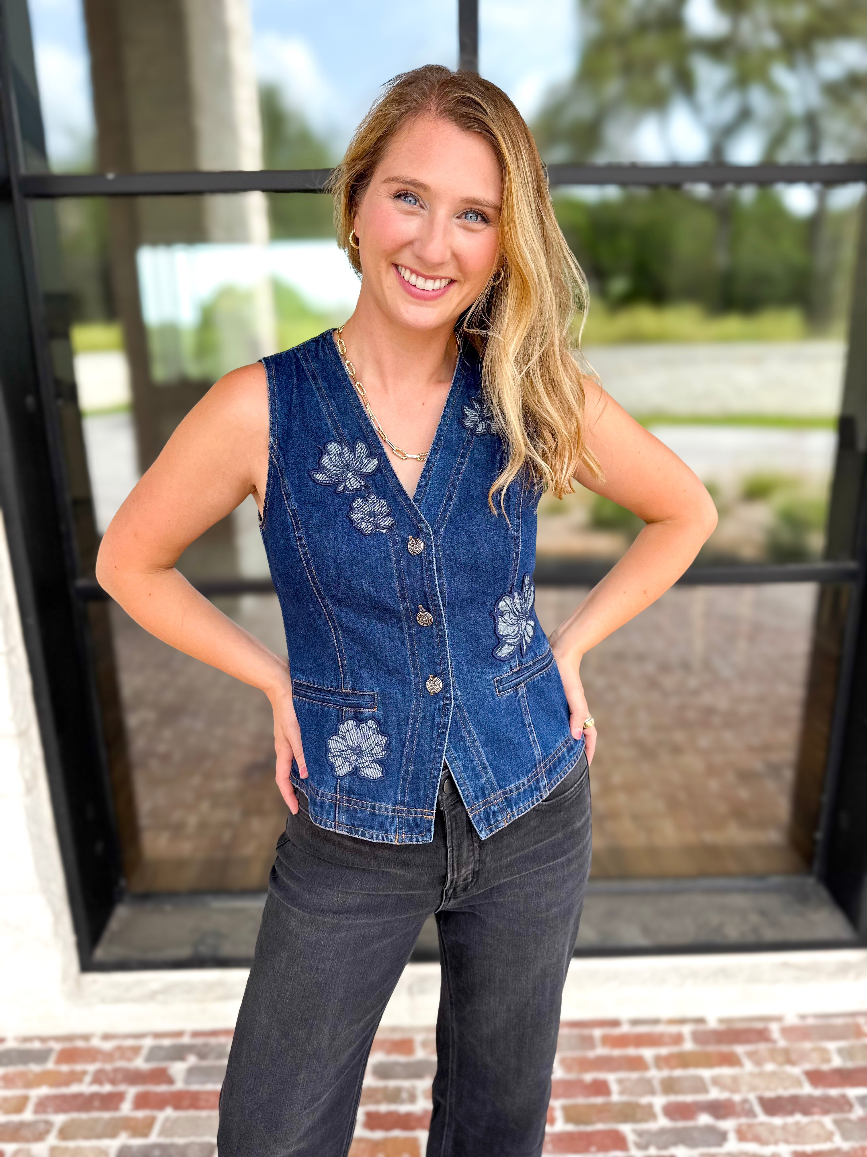 Current Air - Chic Denim Floral Vest-200 Fashion Blouses-CURRENT AIR CLOTHING-July & June Women's Fashion Boutique Located in San Antonio, Texas