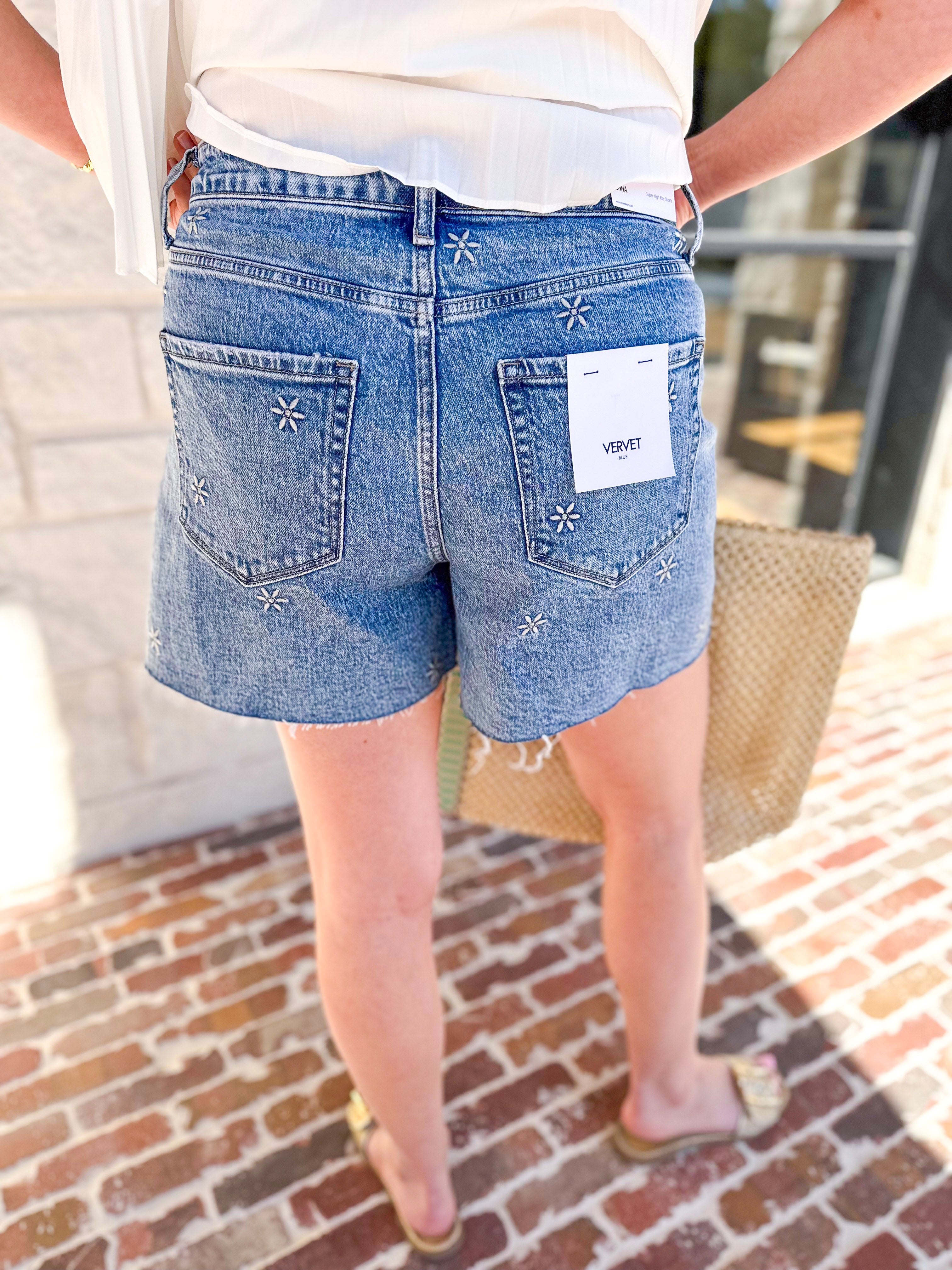 Vervet - Floral Embroidered Denim Shorts-410 Shorts/Skirts-VEVERT BY FLYING MONKEY-July & June Women's Fashion Boutique Located in San Antonio, Texas