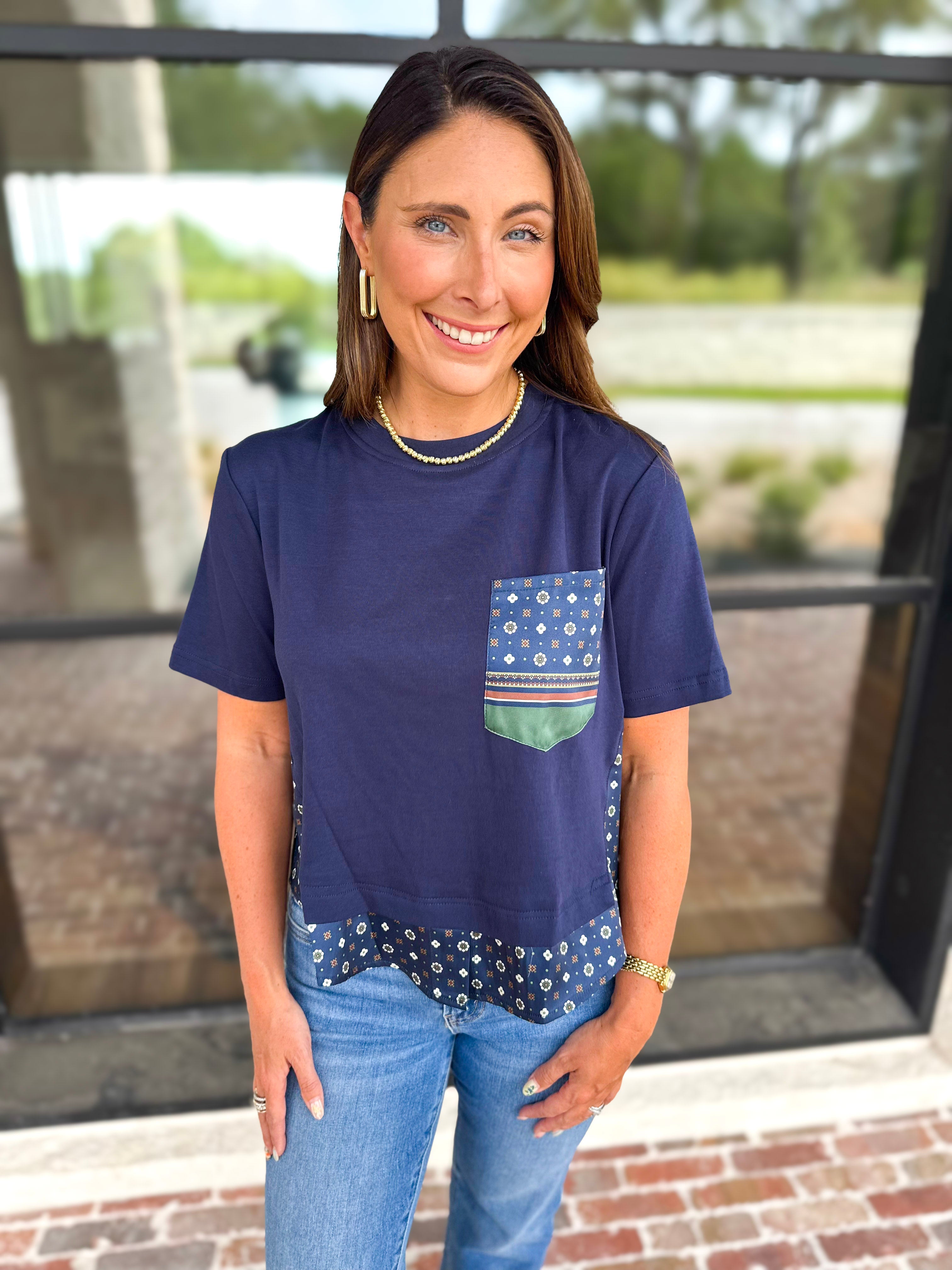 Current Air - Mix It Up Navy Blouse-200 Fashion Blouses-CURRENT AIR CLOTHING-July & June Women's Fashion Boutique Located in San Antonio, Texas