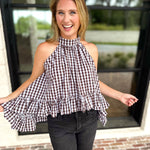 Delia Gingham Halter Blouse-200 Fashion Blouses-OLIVACEOUS-July & June Women's Fashion Boutique Located in San Antonio, Texas