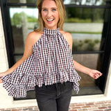 Delia Gingham Halter Blouse-200 Fashion Blouses-OLIVACEOUS-July & June Women's Fashion Boutique Located in San Antonio, Texas