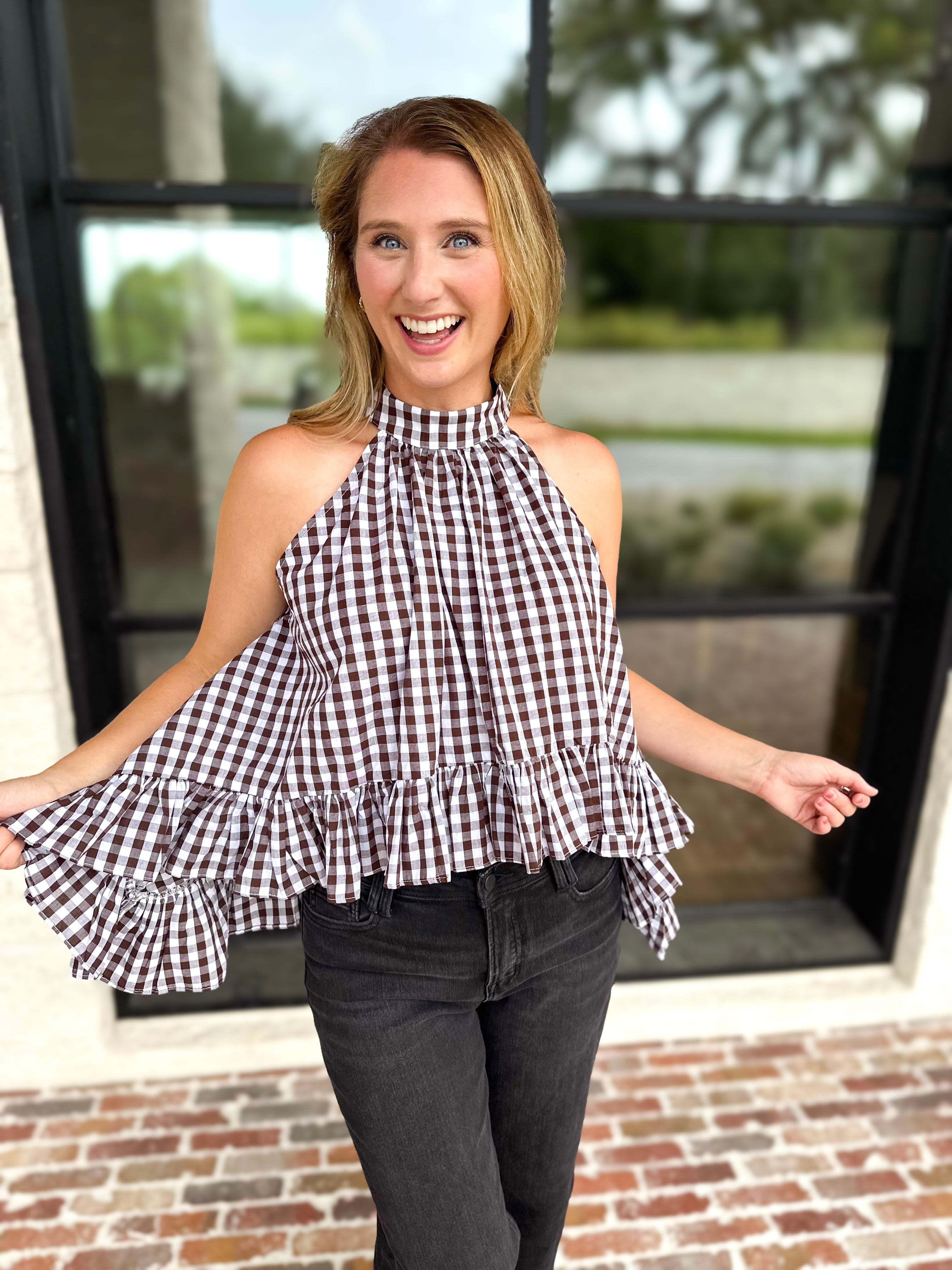 Delia Gingham Halter Blouse-200 Fashion Blouses-OLIVACEOUS-July & June Women's Fashion Boutique Located in San Antonio, Texas