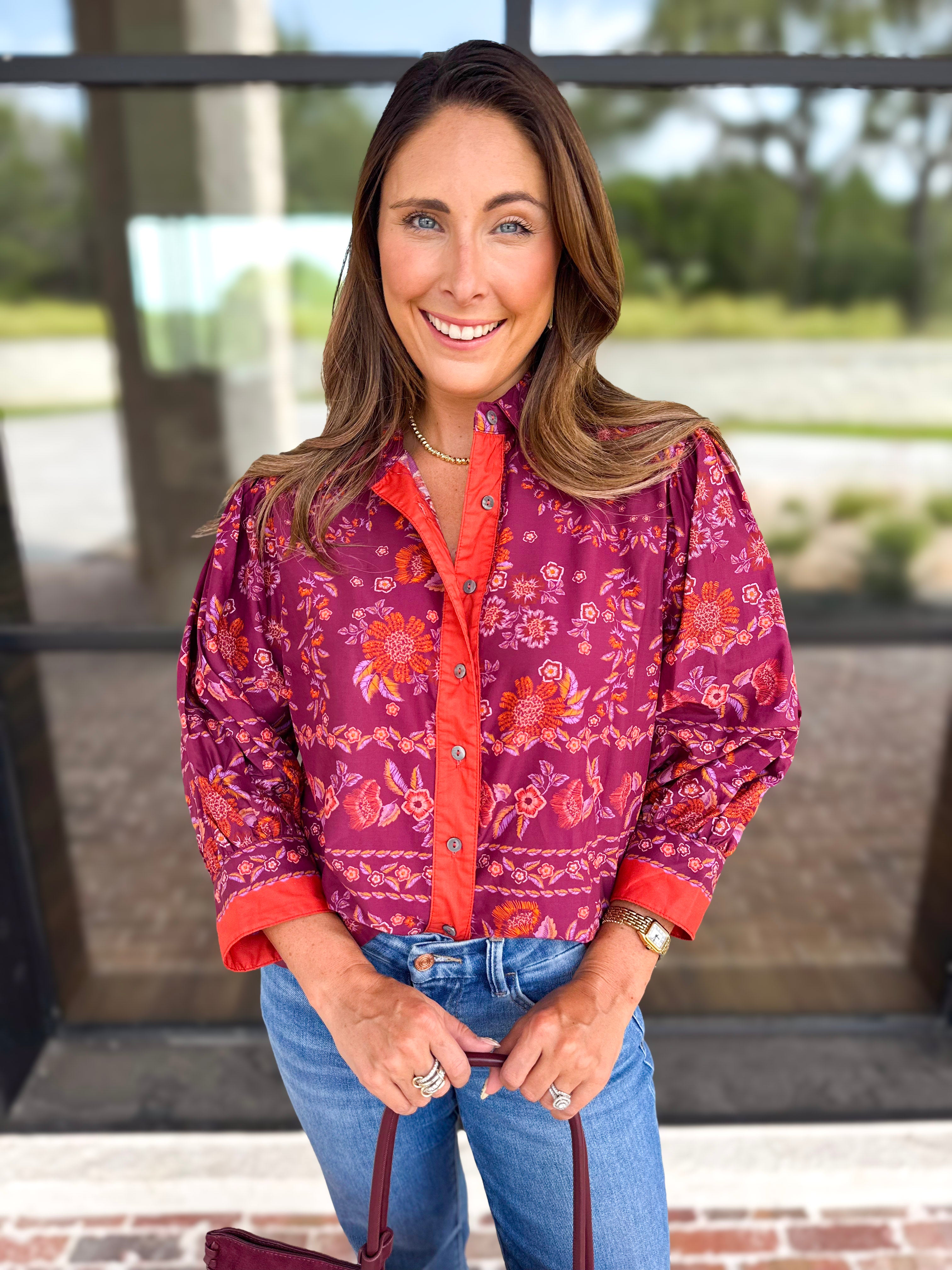 Spiced Plum Floral Blouse-200 Fashion Blouses-ENTRO-July & June Women's Fashion Boutique Located in San Antonio, Texas