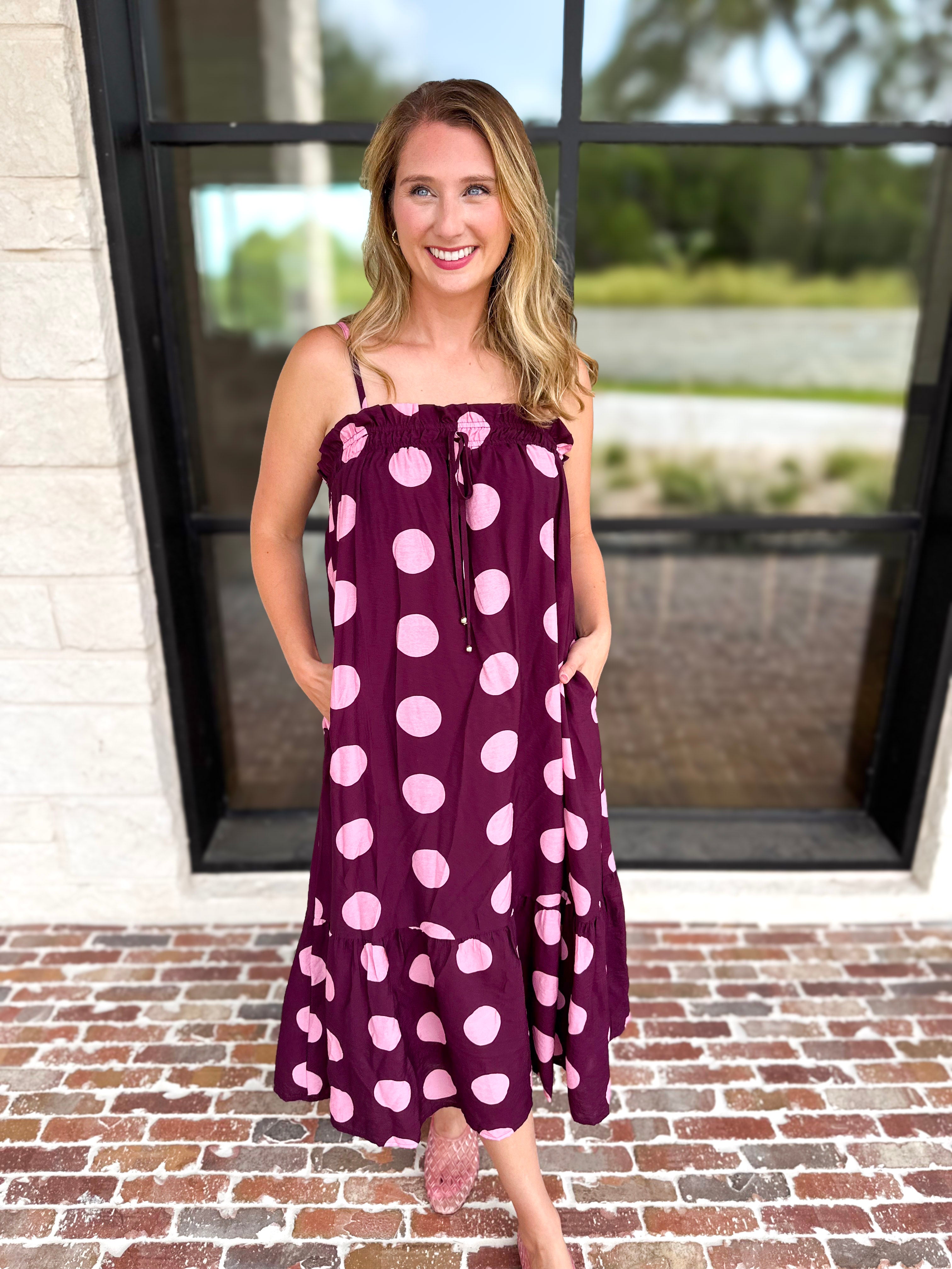 Pink Ganache Polka Dot Midi Dress-500 Midi-ENTRO-July & June Women's Fashion Boutique Located in San Antonio, Texas