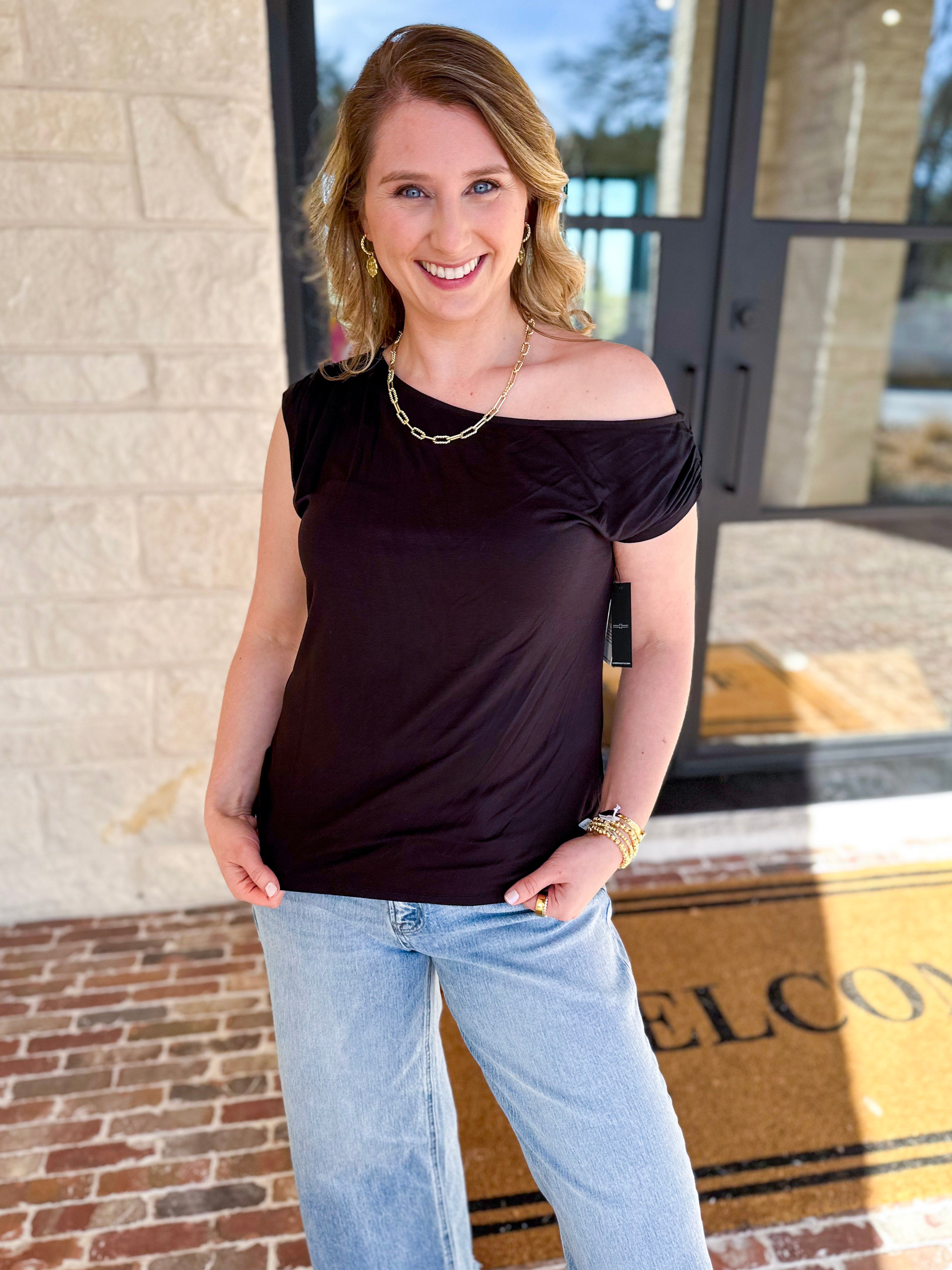 LIVERPOOL - Black Off the Shoulder Top-200 Fashion Blouses-LIVERPOOL JEANS COMPANY-July & June Women's Fashion Boutique Located in San Antonio, Texas
