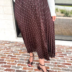 Chocolate Brown Polka Dot Midi Skirt-500 Midi-SKIES ARE BLUE-July & June Women's Fashion Boutique Located in San Antonio, Texas